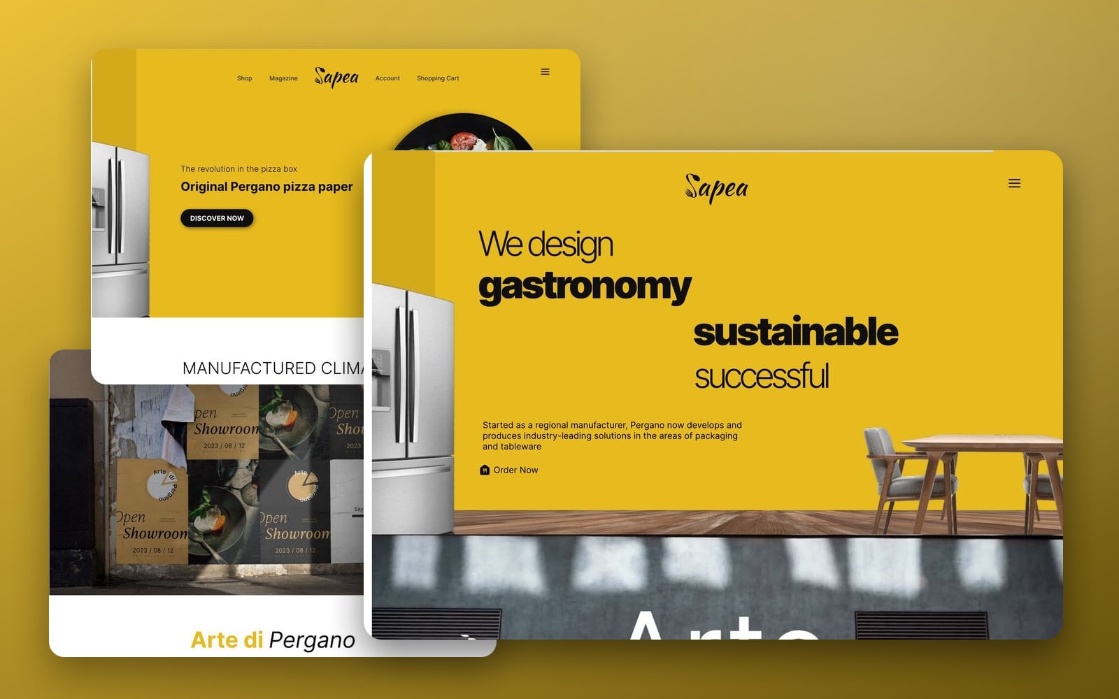 Sapea Yellow restaurant website showcase: the home page large in front of the product and gallery pages on a golden gradient.