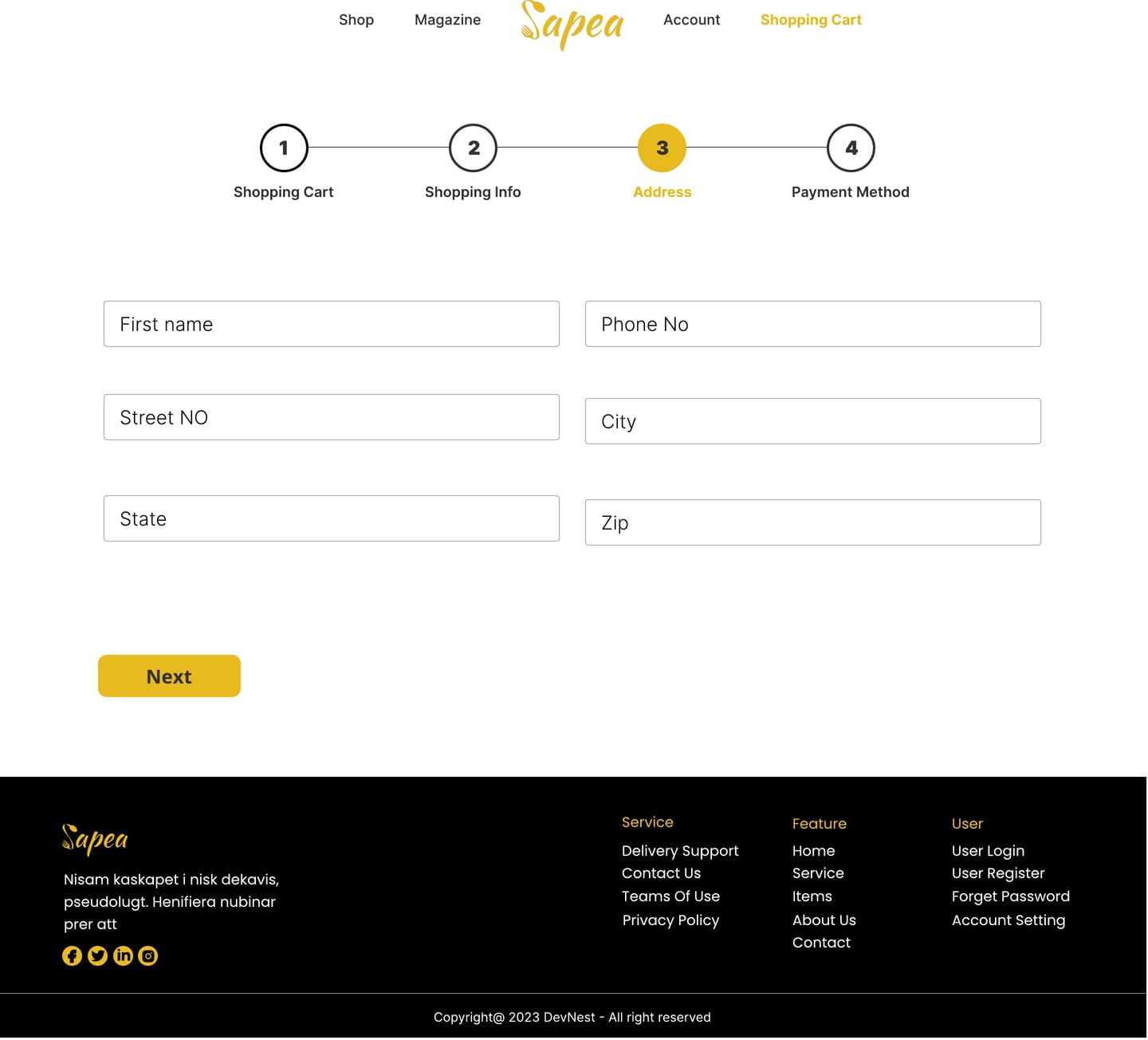 Full-length Sapea Yellow restaurant website address page design with an address form for the delivery step.