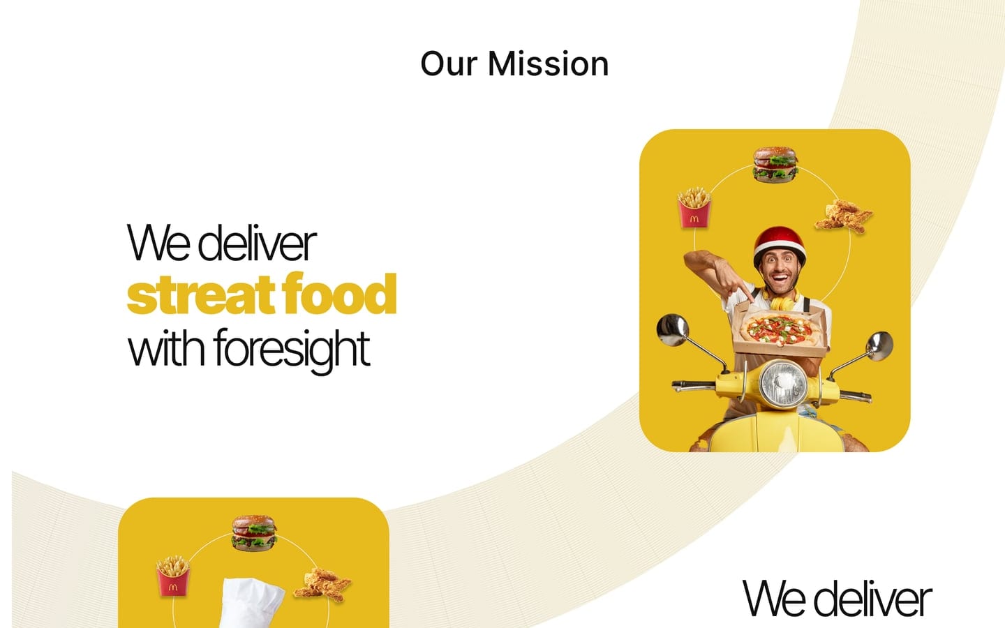 Sapea Yellow restaurant website home page mission section with a delivery rider card and a chef card on a pale curved background.