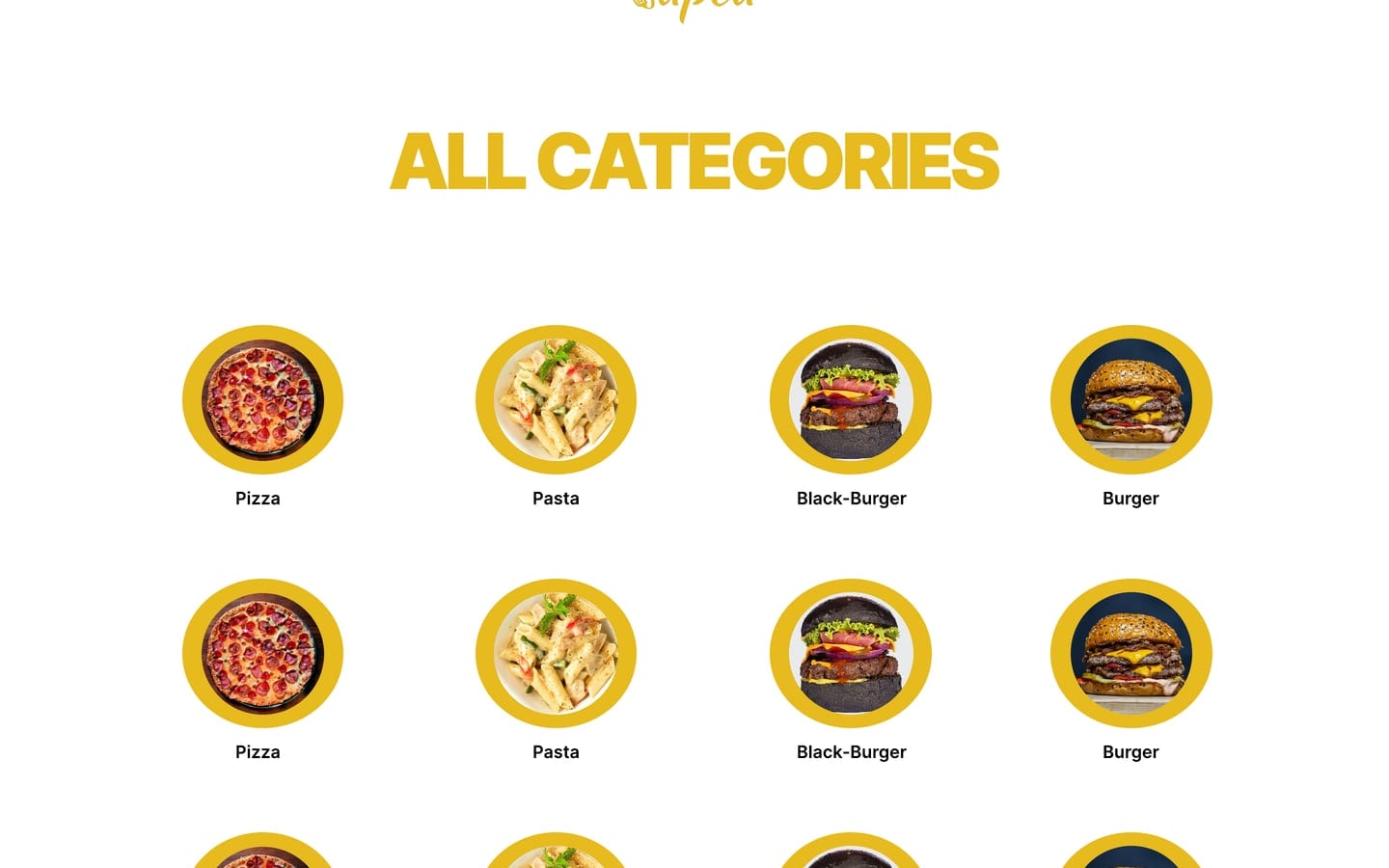 Sapea Yellow restaurant website categories page with round yellow-ringed pizza, pasta and burger icons under a yellow heading.