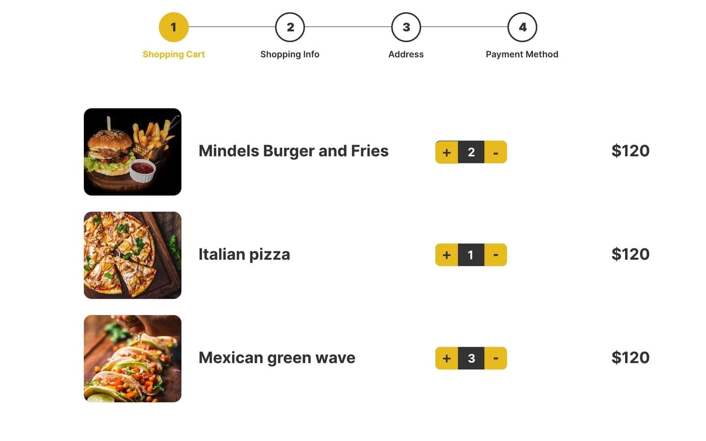 Sapea Yellow restaurant website cart page with a four step progress bar and three food items with quantity steppers and a yellow next button.