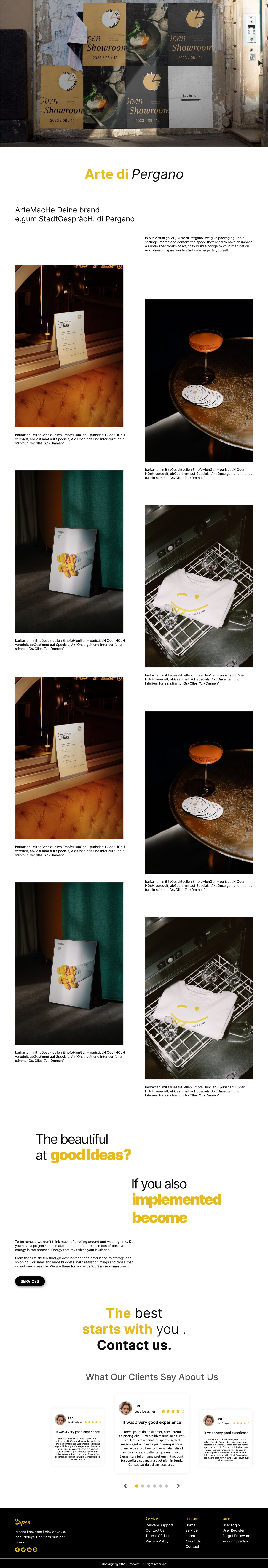 Full-length Sapea Yellow restaurant website gallery page design with a poster wall header and an editorial grid of hospitality and packaging photography.