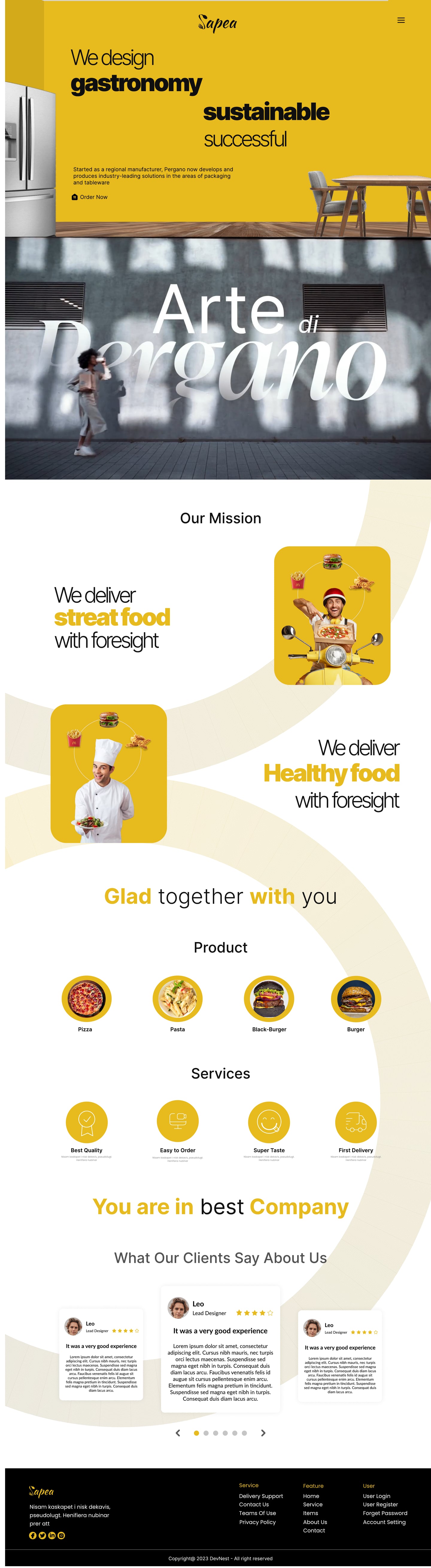 Full-length Sapea Yellow restaurant website home page design with a yellow gastronomy hero, a typographic banner, a delivery mission section, product circles and service icons.