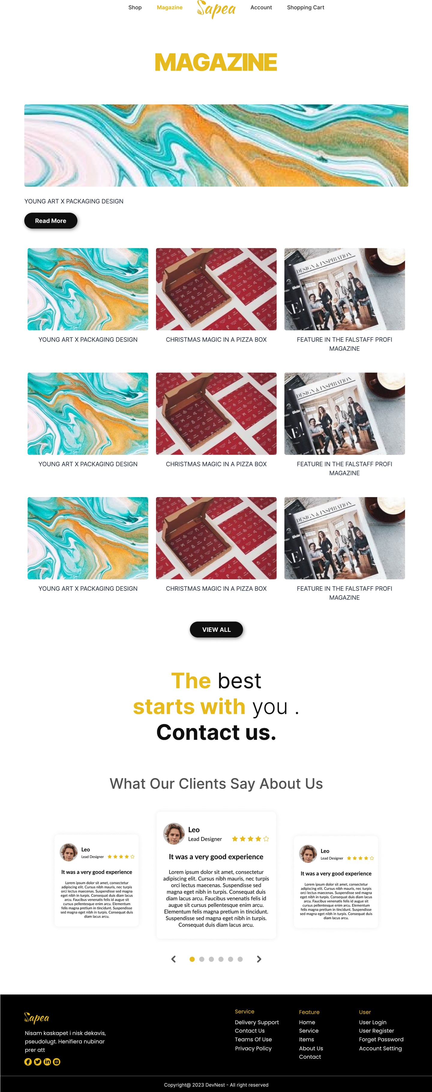 Full-length Sapea Yellow restaurant website magazine page design with a magazine header, a marbled feature image and a grid of article cards.
