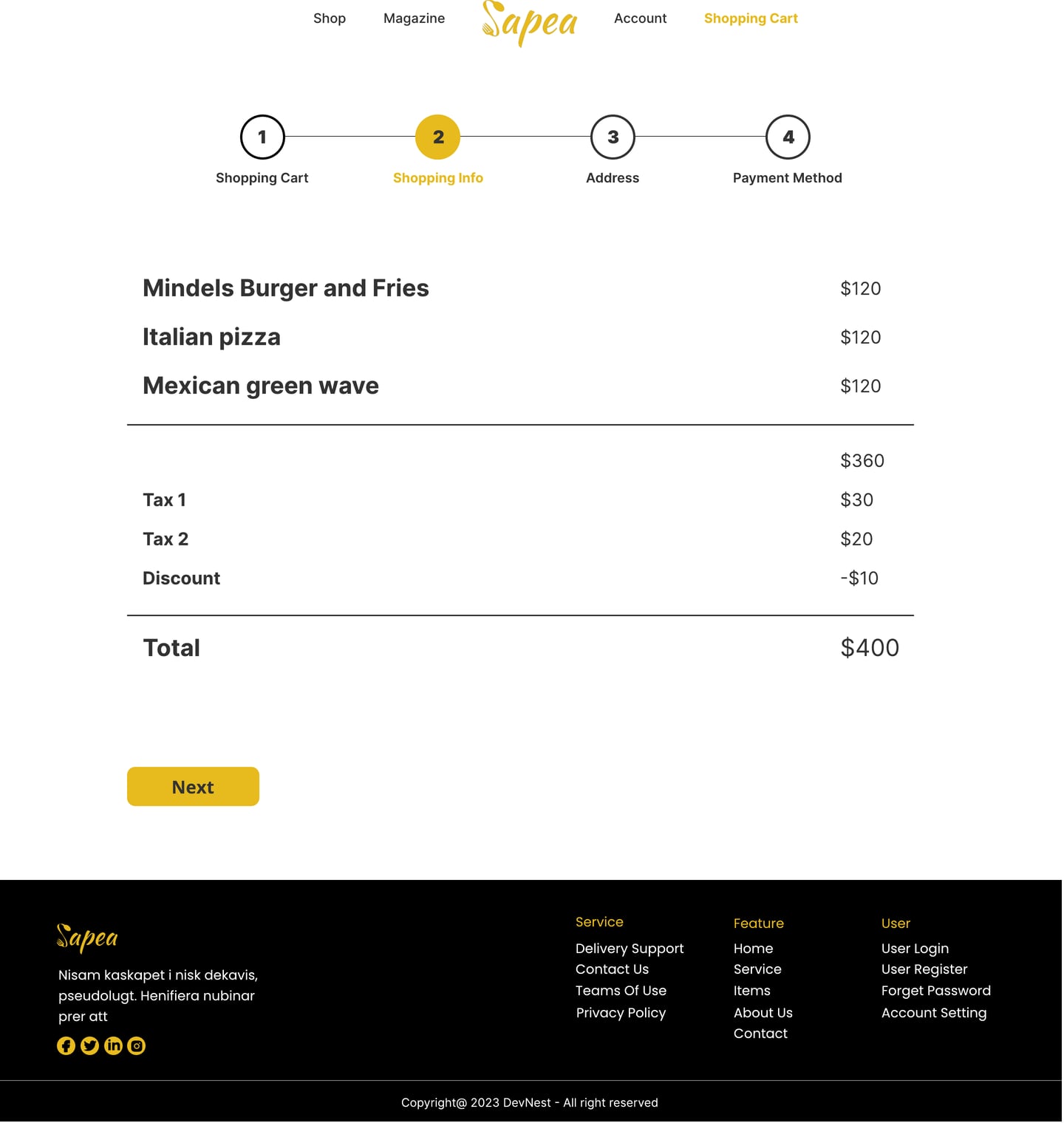 Full-length Sapea Yellow restaurant website order page design with an order summary of items, tax and discount lines.