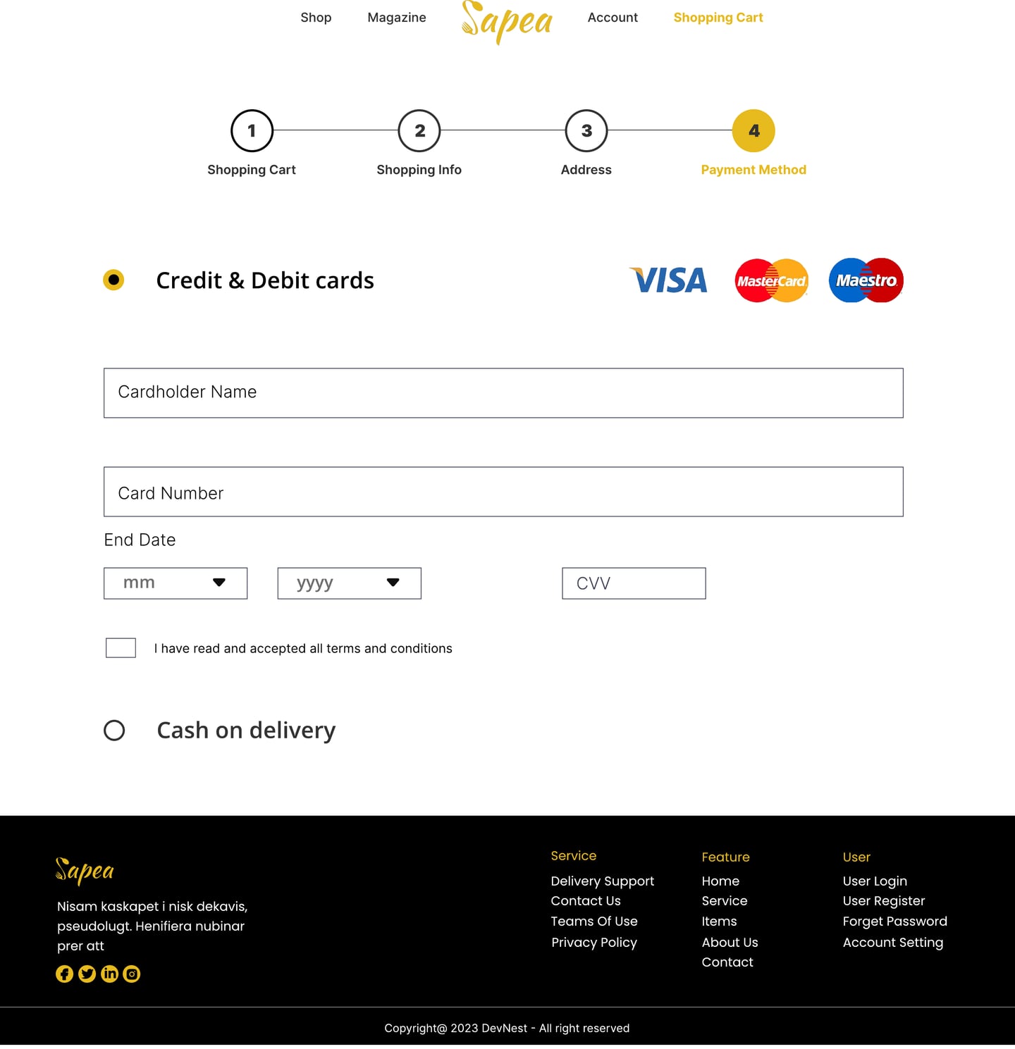 Full-length Sapea Yellow restaurant website payment page design with credit card, debit card and cash on delivery payment options.
