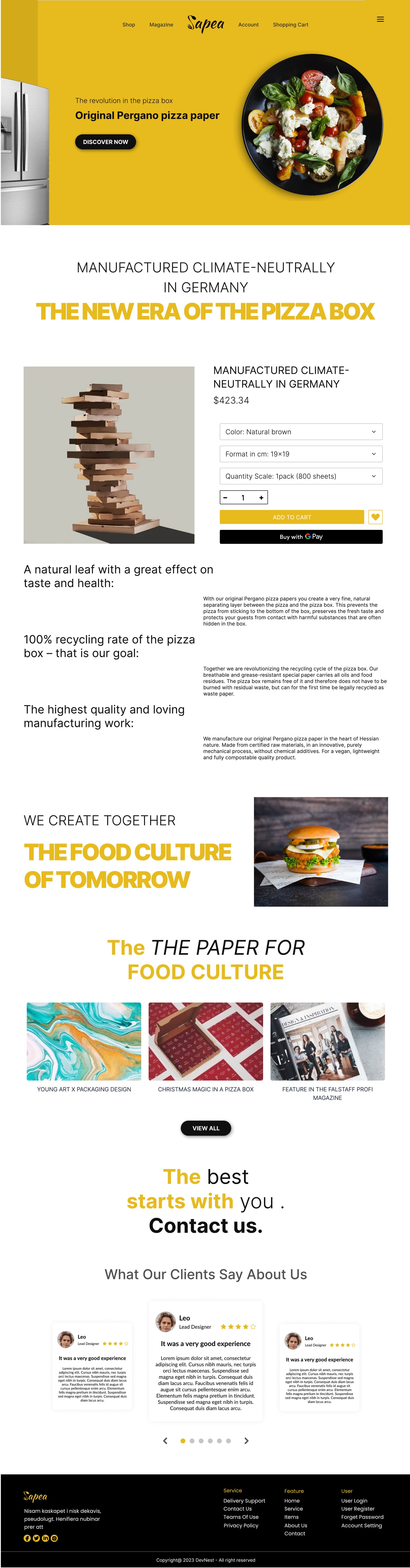 Full-length Sapea Yellow restaurant website product page design with a yellow shop hero, a product with option selectors and an add to cart button.