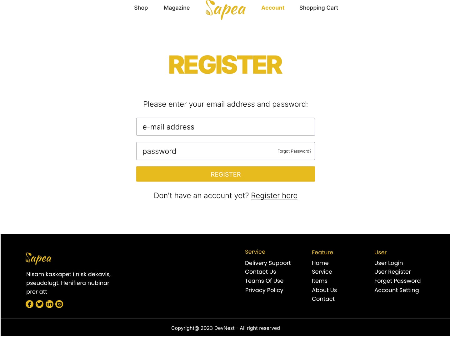 Full-length Sapea Yellow restaurant website register page design with a short registration form and a yellow submit button.