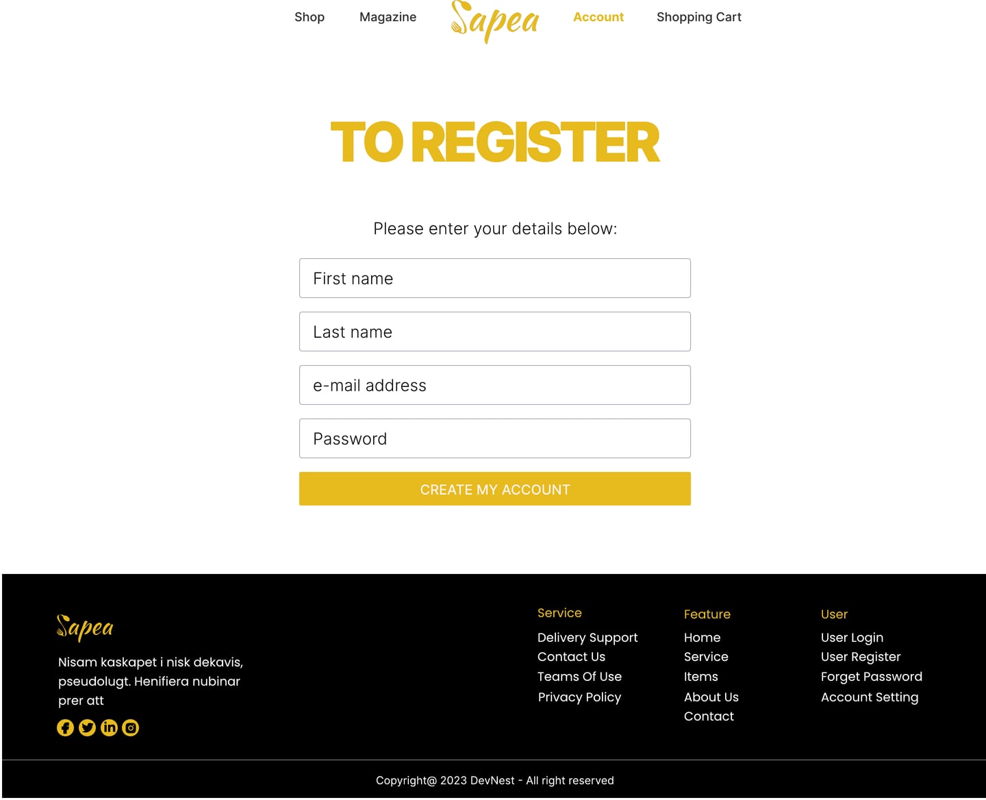 Full-length Sapea Yellow restaurant website sign up page design with a clean sign up form and a black footer.