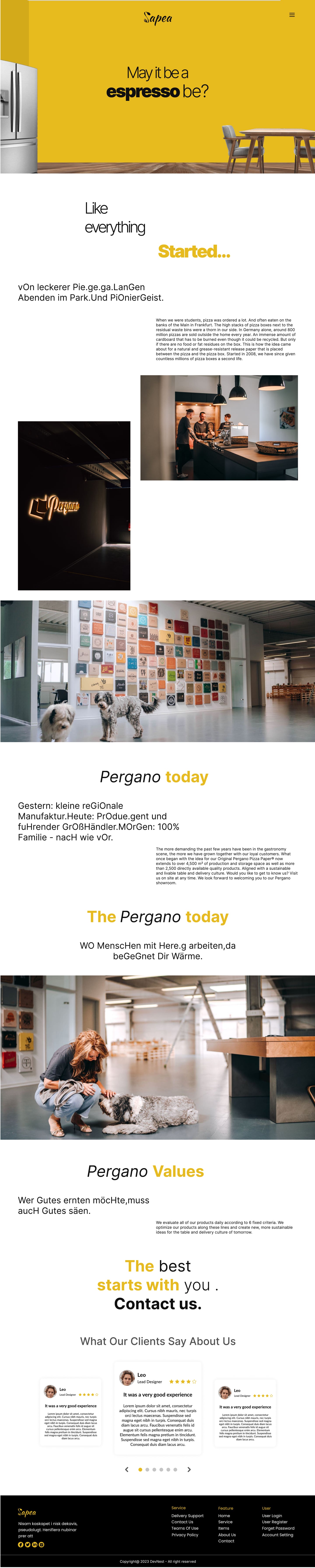 Full-length Sapea Yellow restaurant website story page design with a yellow espresso hero, long form story copy and an interior photograph collage.