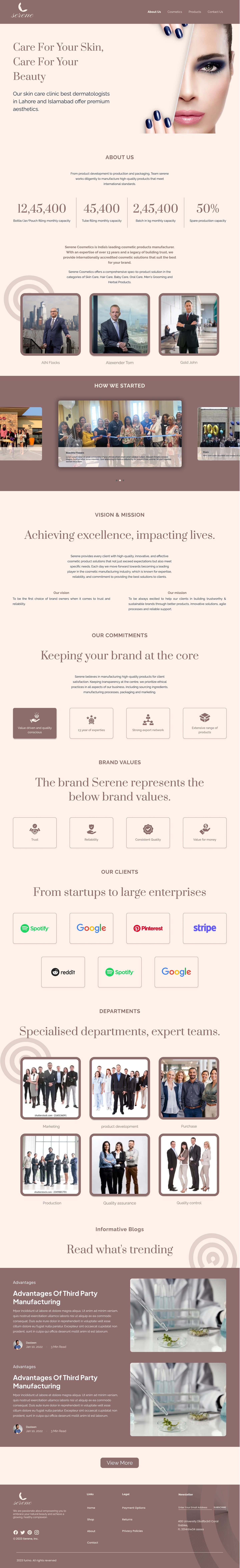 Full-length Serene Mauve skincare website about page design with a dermatologist hero, team portraits, a photo strip, vision and mission, commitments, brand values and a departments grid.
