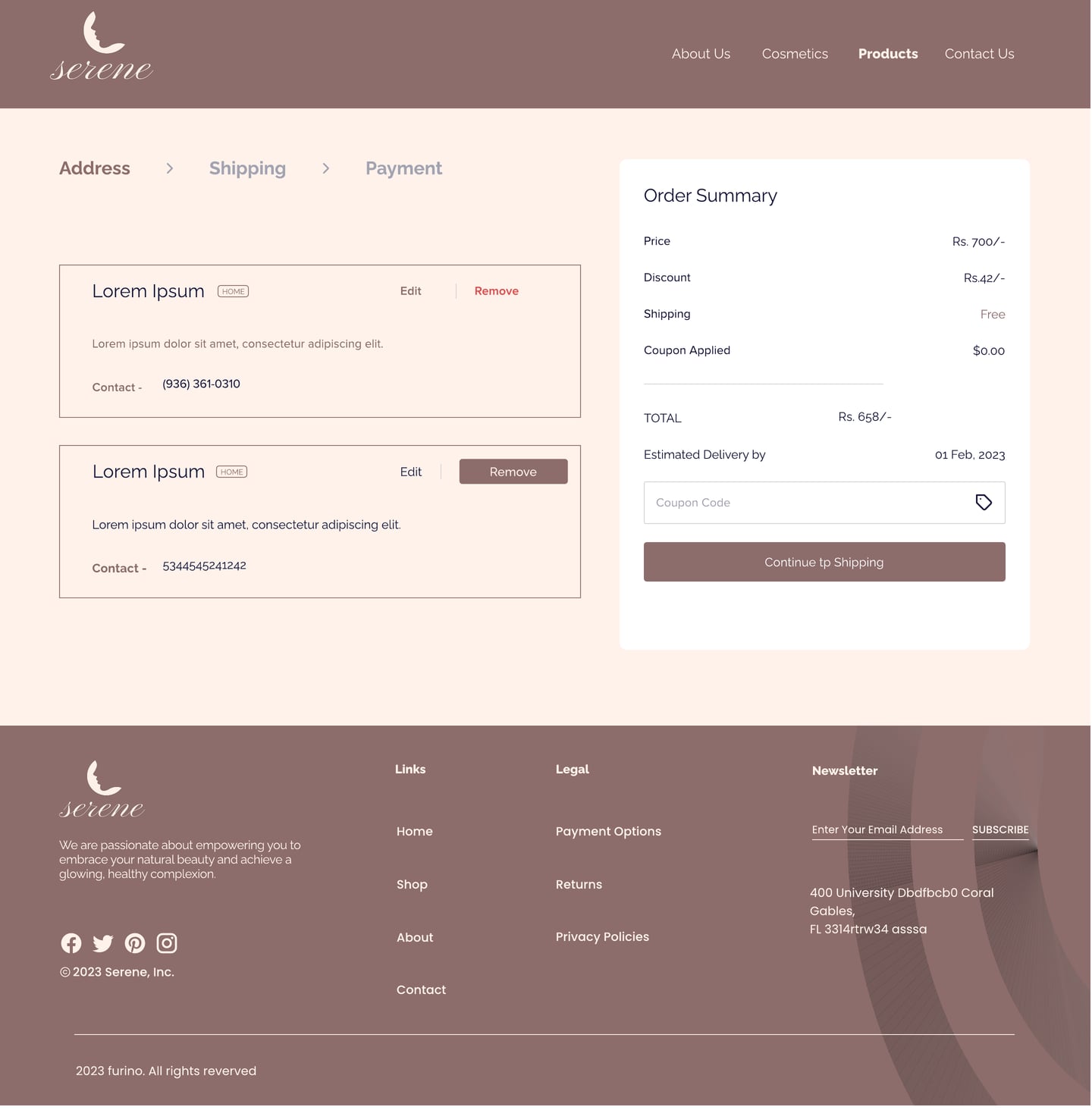 Full-length Serene Mauve skincare website address page design with address cards and a white order summary panel.