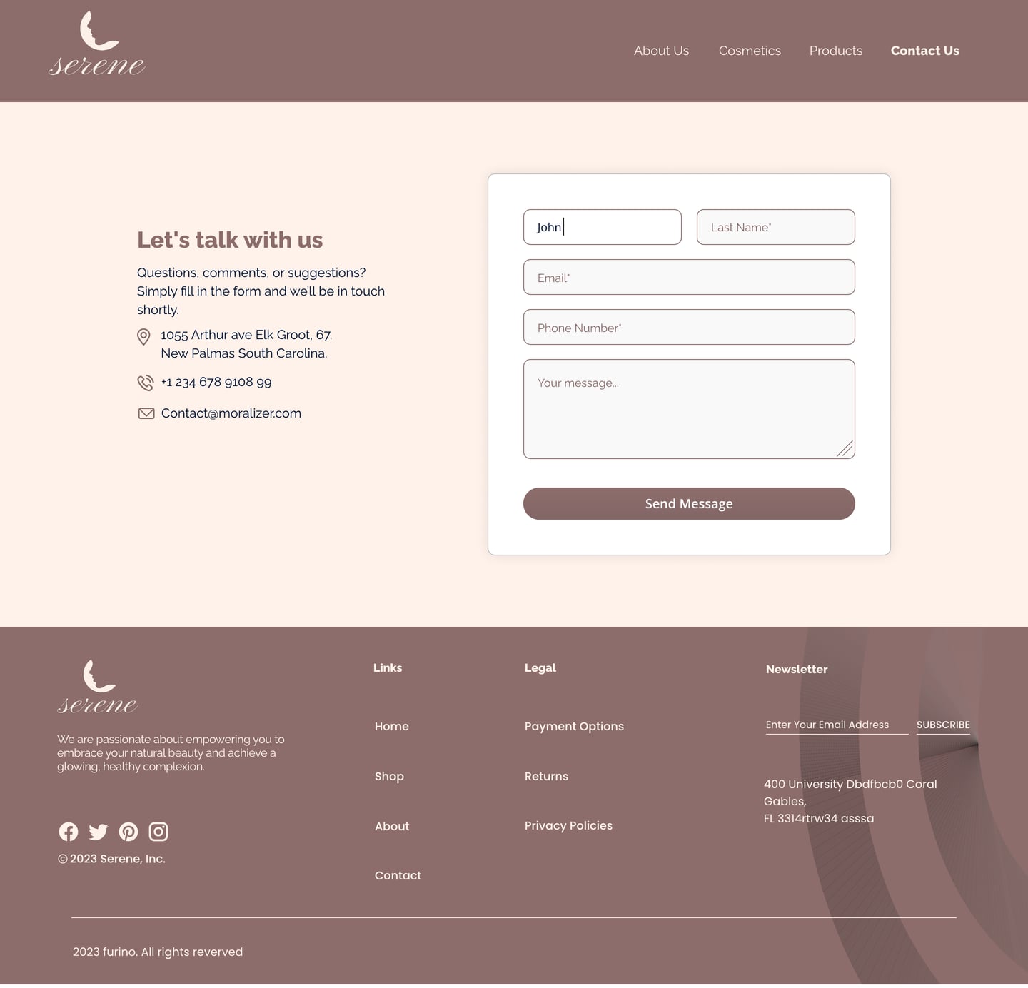 Full-length Serene Mauve skincare website contact page design with a contact form on a white card and a mauve footer.