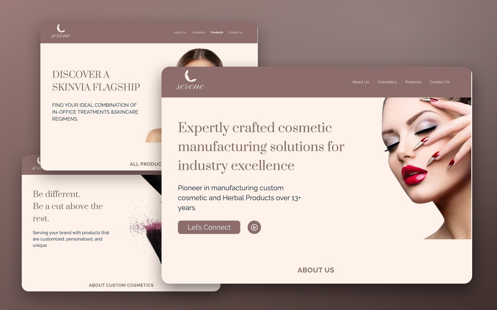 Serene Mauve skincare website showcase: the home page large in front of the skincare shop and custom cosmetics pages on a soft mauve gradient.