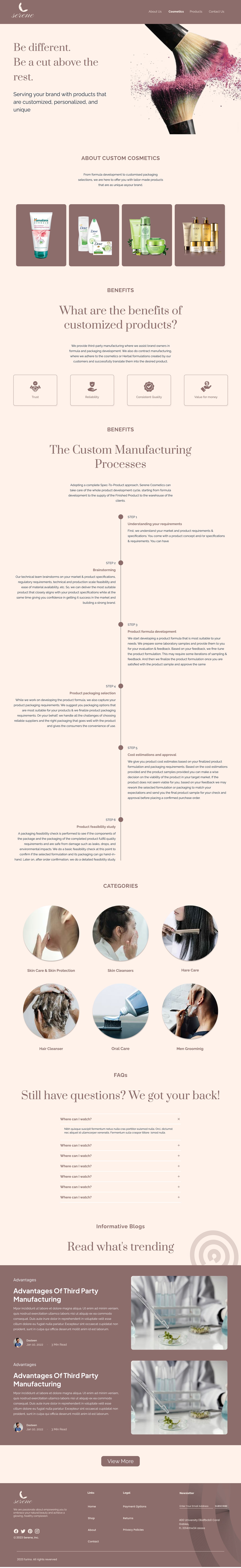 Full-length Serene Mauve skincare website custom cosmetics page design with a pink powder brush hero, a benefits section, a custom manufacturing process timeline and category photos.