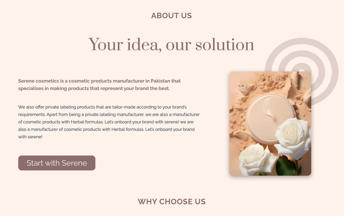 Serene Mauve skincare website home page about section with a cream jar and white roses beside a serif heading and a mauve button.
