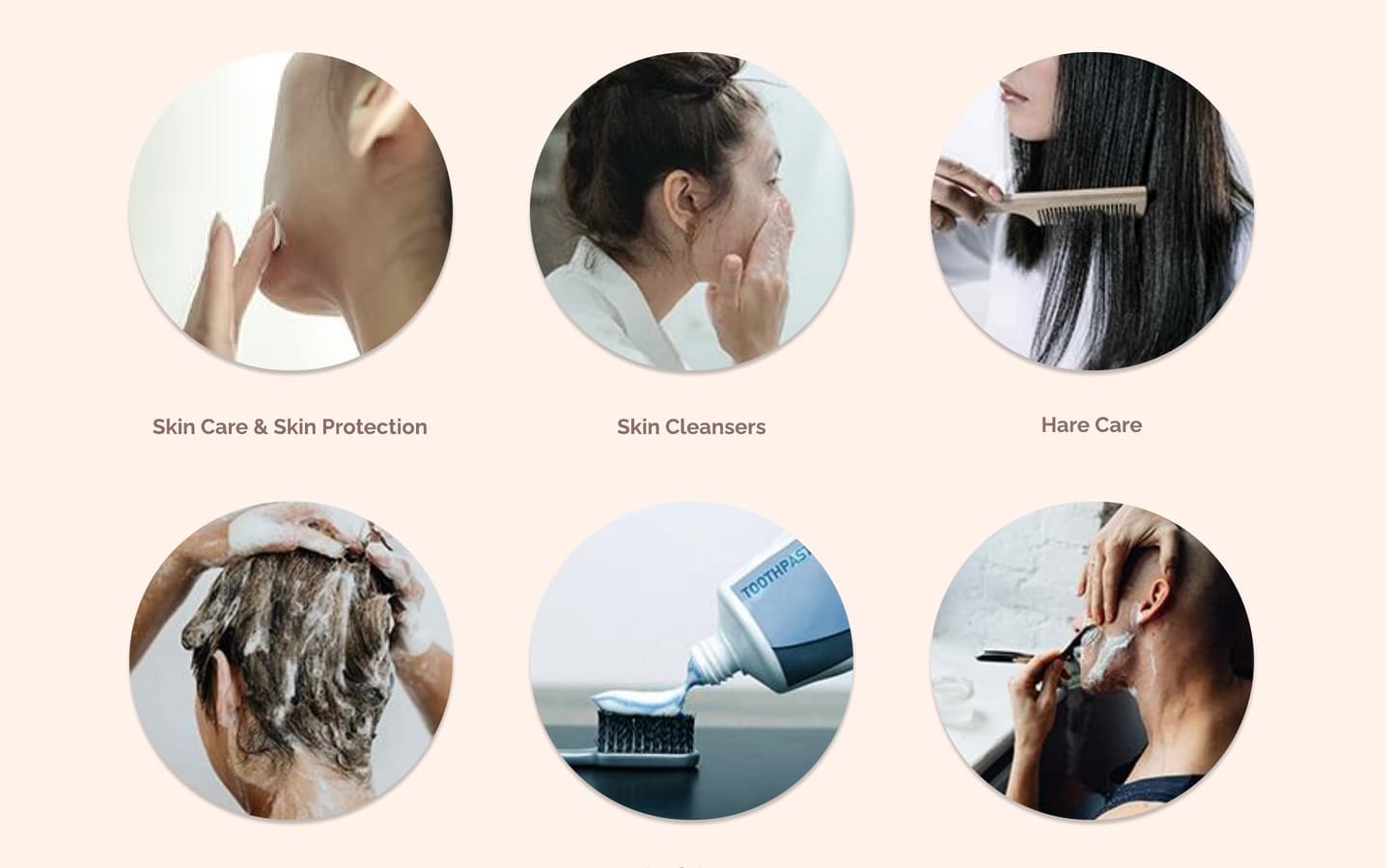 Serene Mauve skincare website home page category section with six round photographs for skin care, cleansers, hair care and grooming.