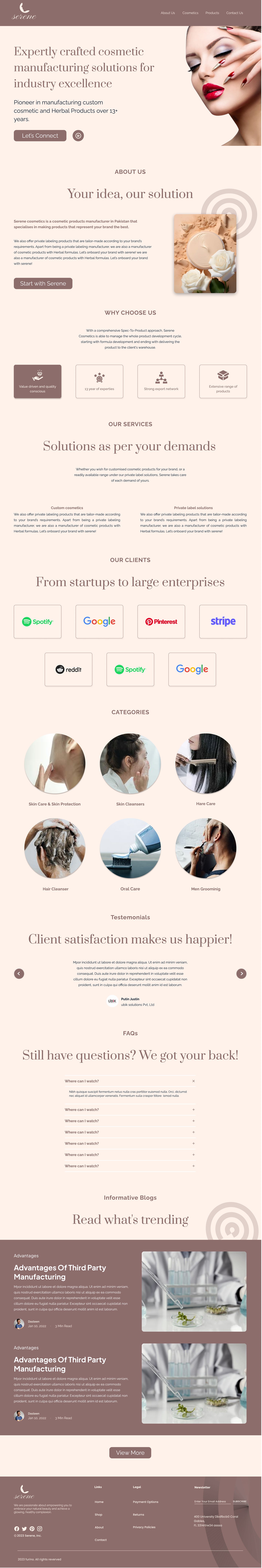 Full-length Serene Mauve skincare website home page design with a mauve header bar, a model hero, a jar and white roses about section, six round category photos, testimonials, a FAQ accordion and a blog band.