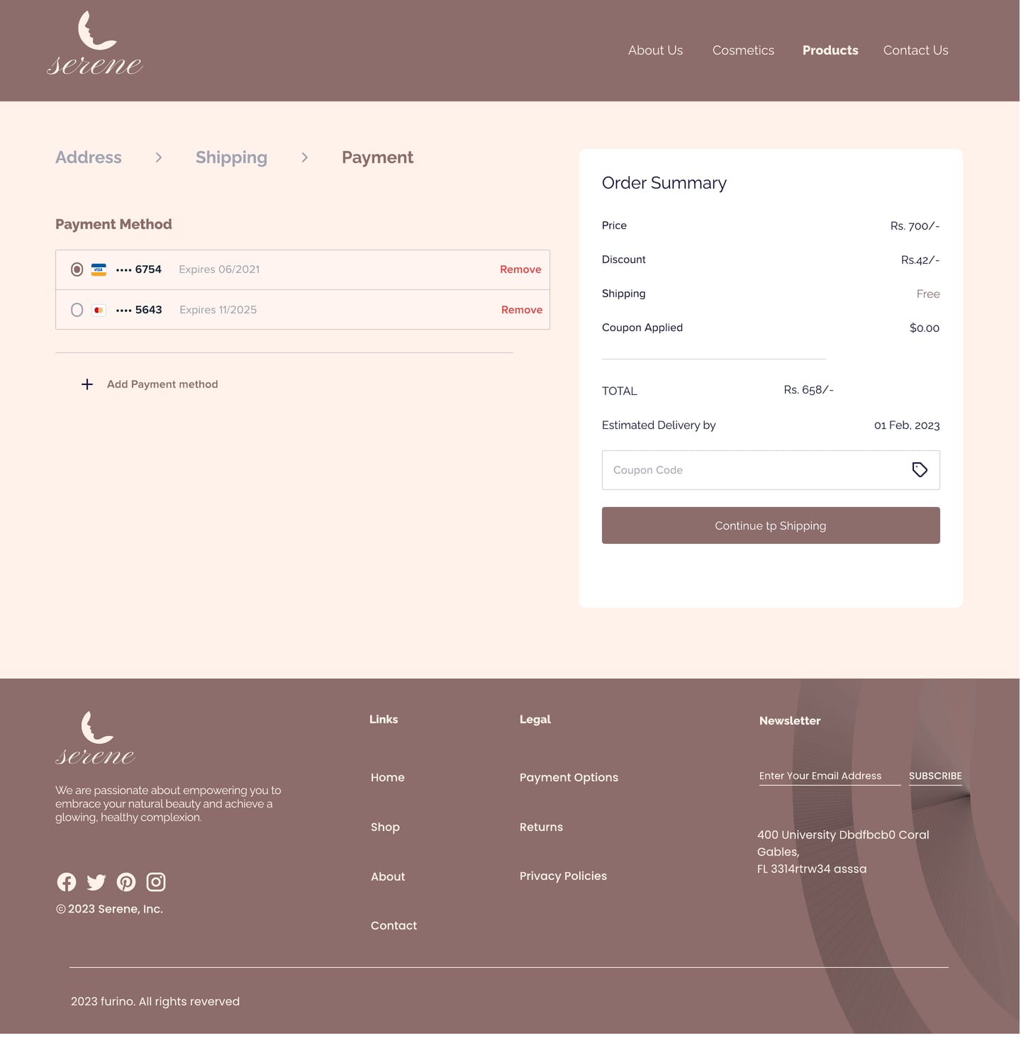 Full-length Serene Mauve skincare website payment page design with payment method choices beside the order summary.