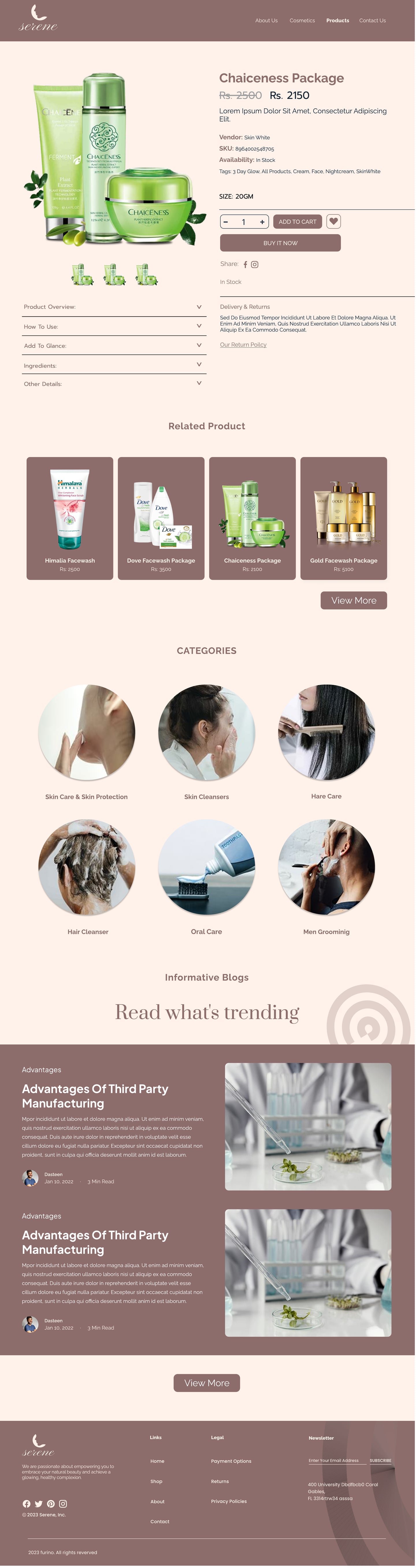 Full-length Serene Mauve skincare website product page design with a product photograph, size and quantity controls, add to cart and buy buttons and a related products row.