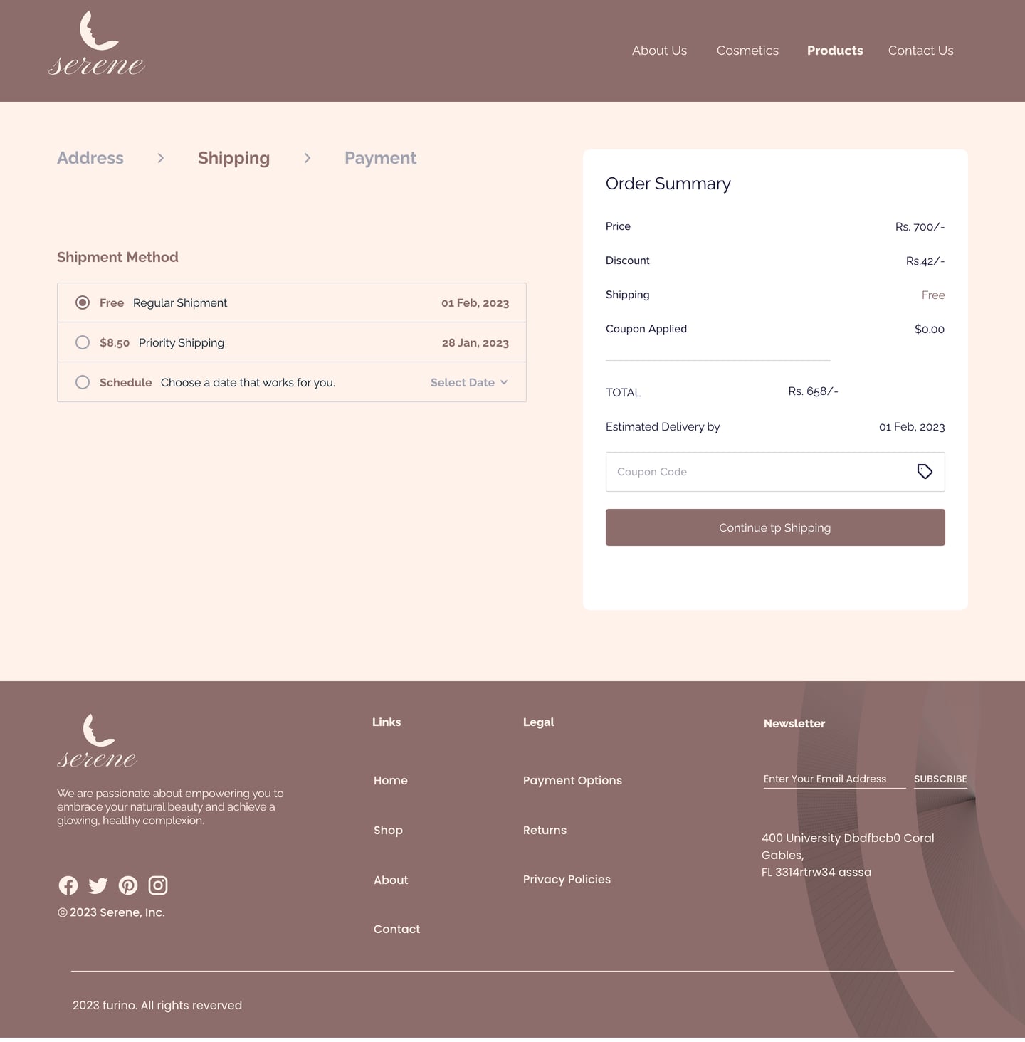 Full-length Serene Mauve skincare website shipping page design with shipping method choices beside the order summary.