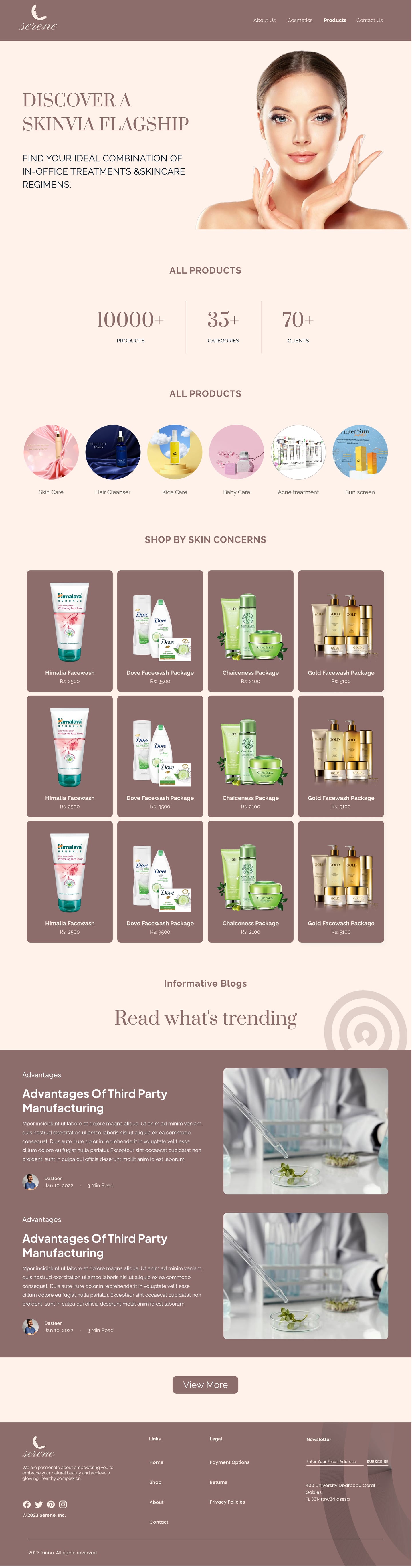 Full-length Serene Mauve skincare website skincare shop page design with a flagship hero, round concern icons, a grid of product cards on mauve tiles and a blog band.