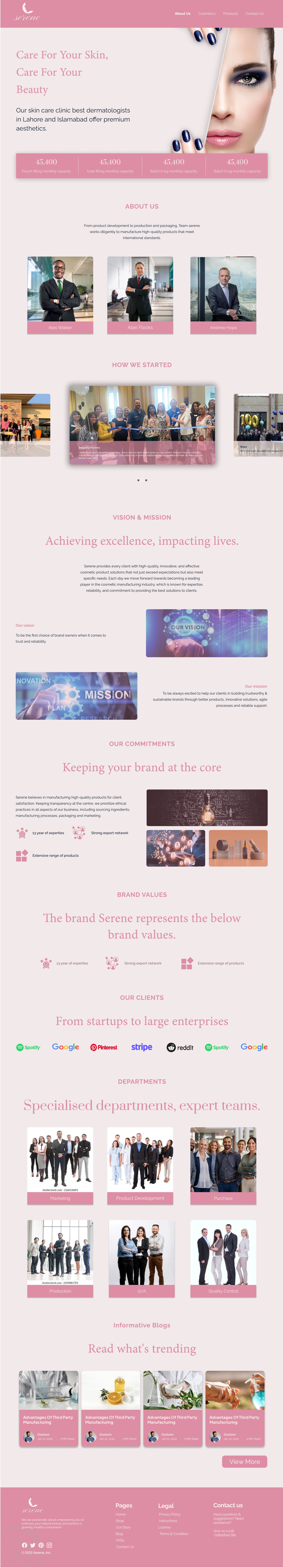 Full-length Serene Rose skincare website about page design with a rose header bar, a dermatologist-style beauty hero, team, vision and mission, brand values and a departments grid.