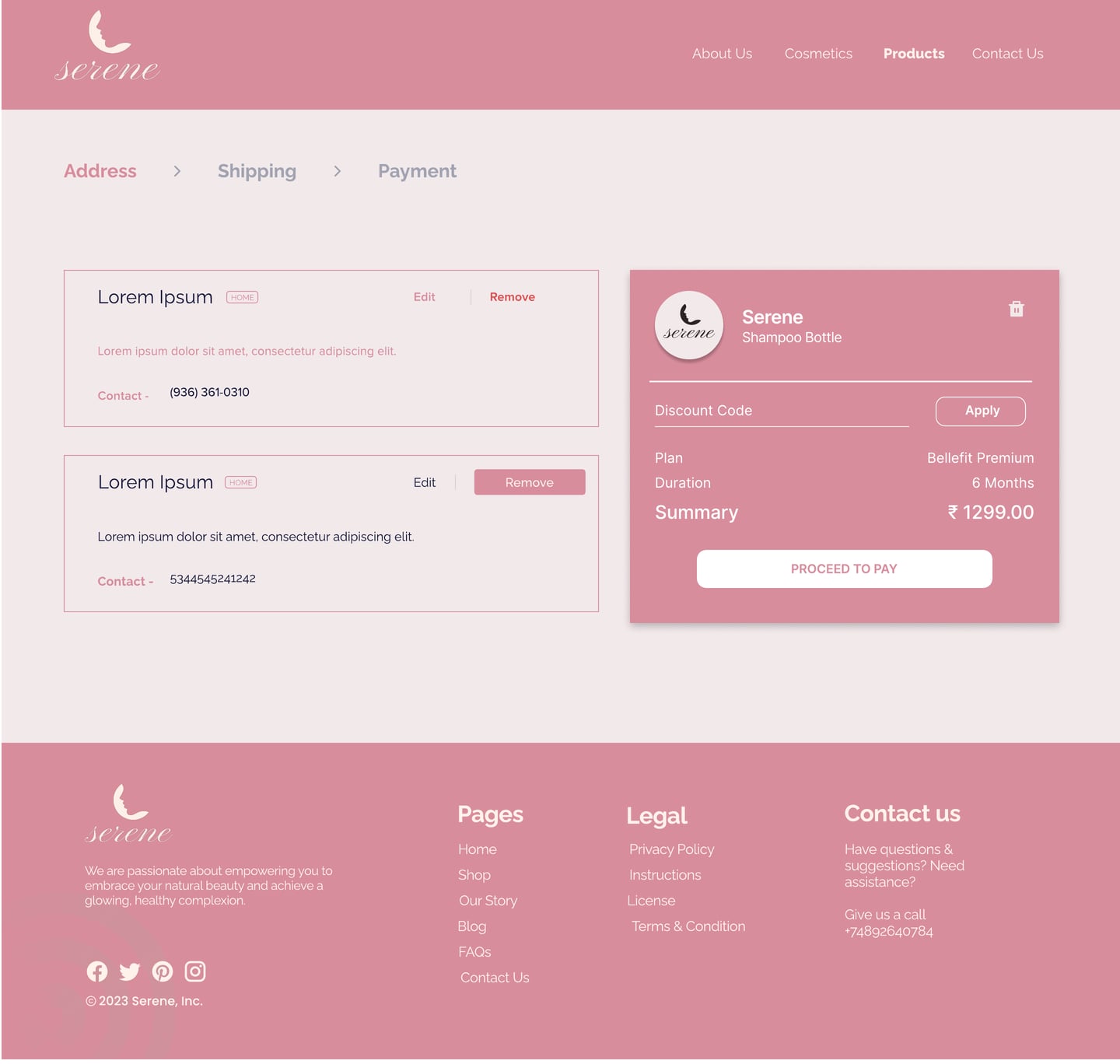 Full-length Serene Rose skincare website address page design with outlined address cards and a rose order summary card.