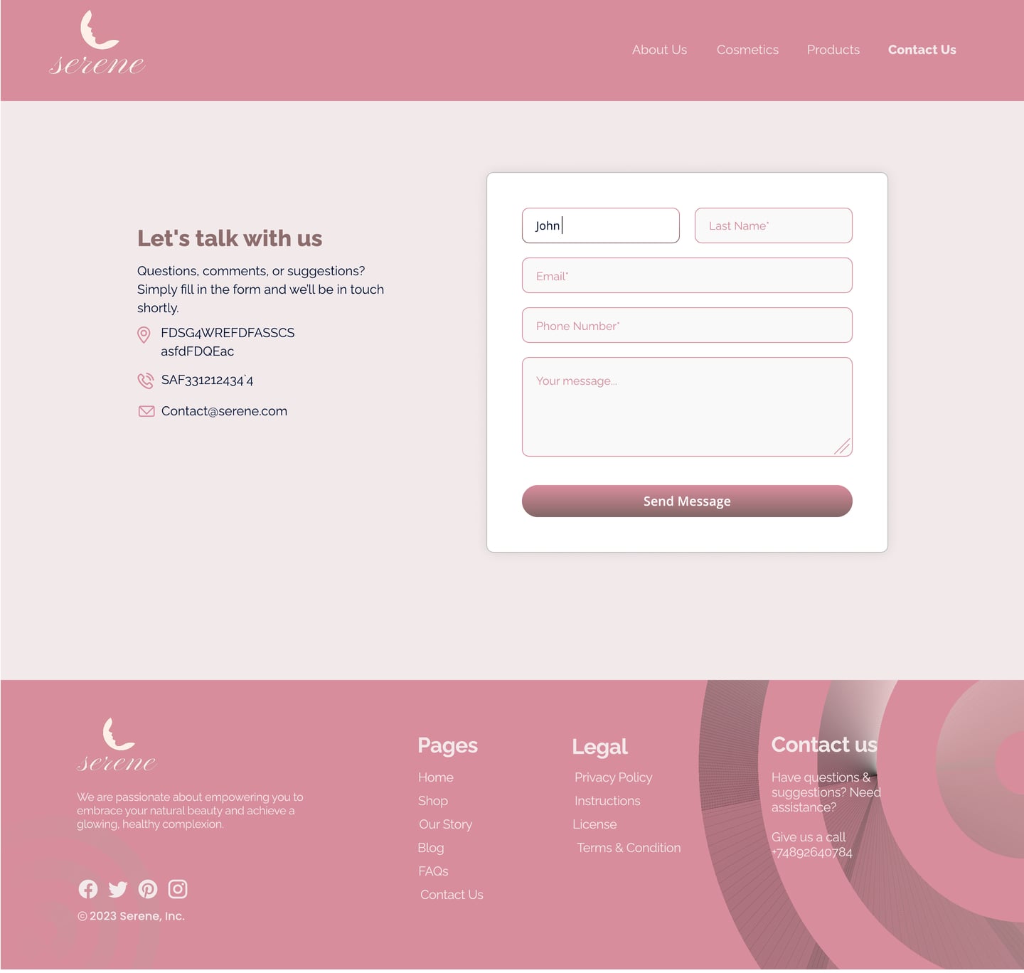 Full-length Serene Rose skincare website contact page design with a contact form on a white card.