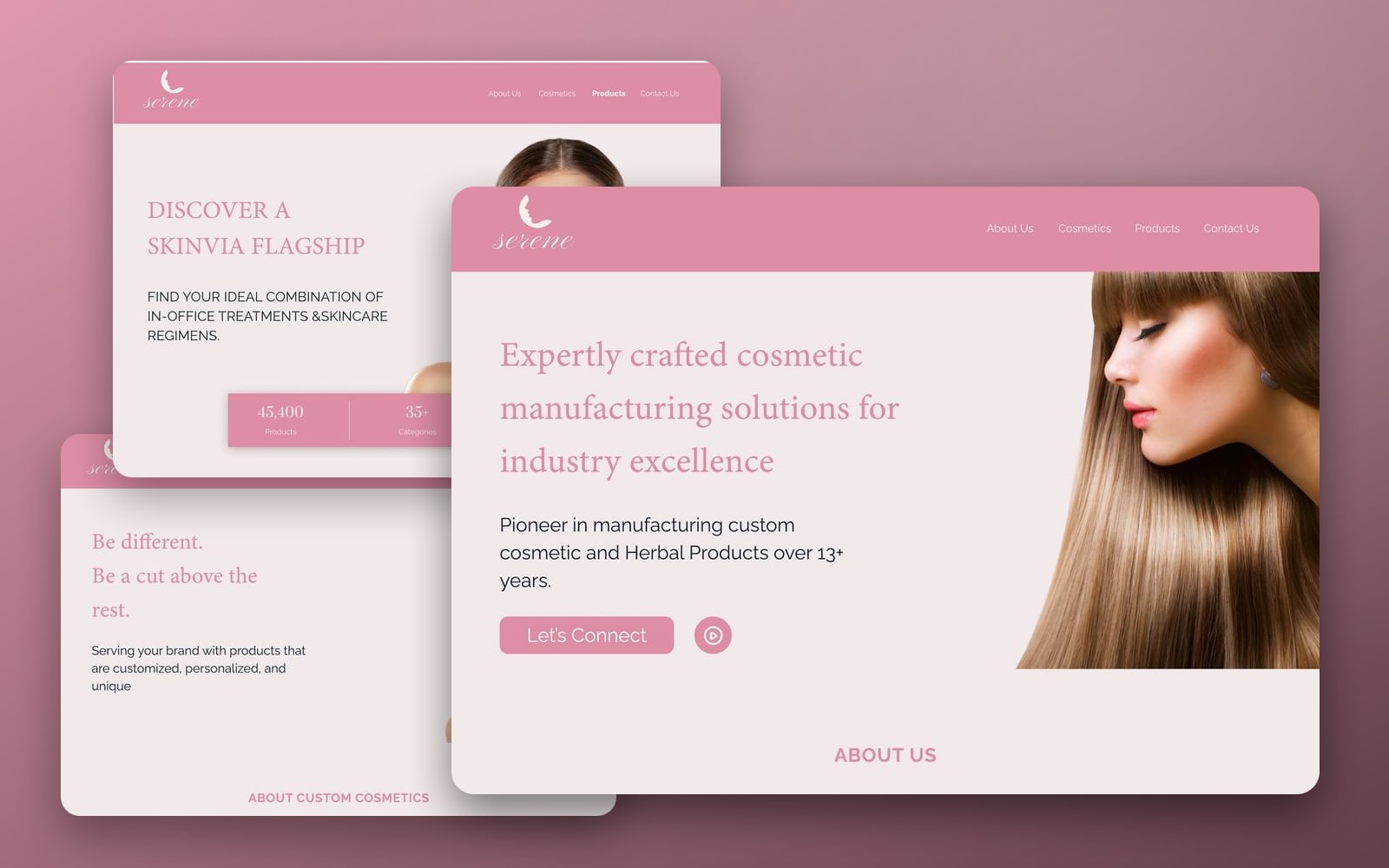 Serene Rose ecommerce website showcase: the home page with a long-haired portrait large in front of the skincare shop and custom cosmetics pages on a rose gradient.