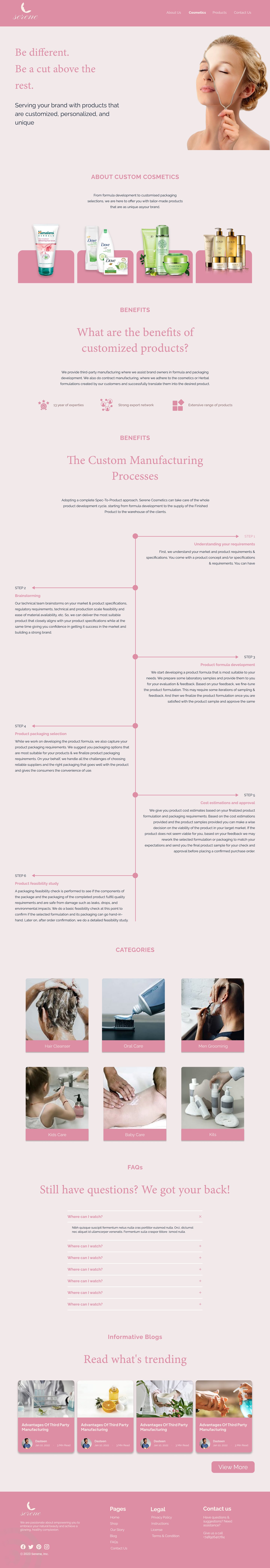 Full-length Serene Rose skincare website custom cosmetics page design with a rose header bar, a portrait hero, a benefits section and a custom manufacturing process timeline.
