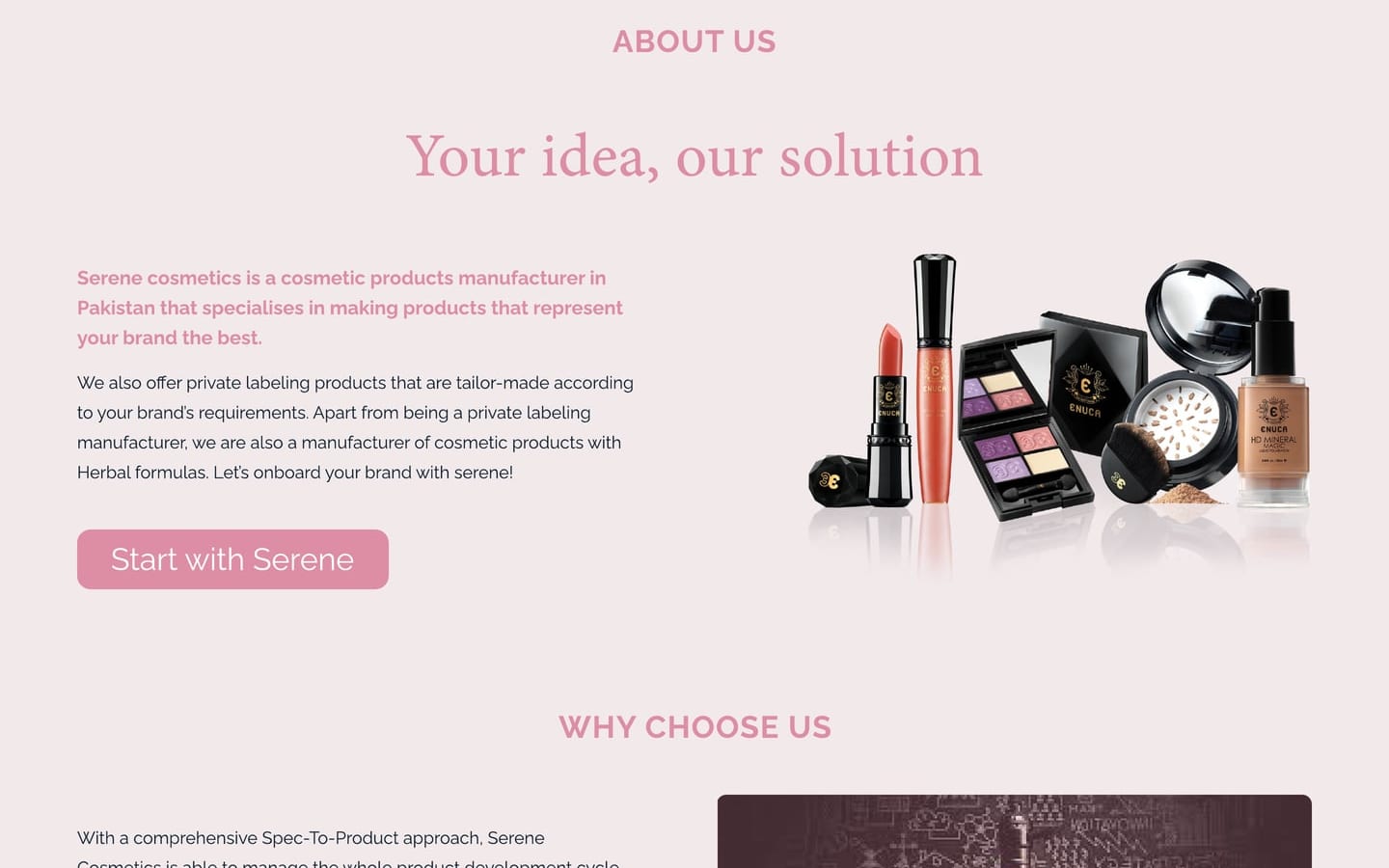 Serene Rose ecommerce website home page about section with a serif heading, a rose button and a spread of lipstick, eyeshadow and foundation.