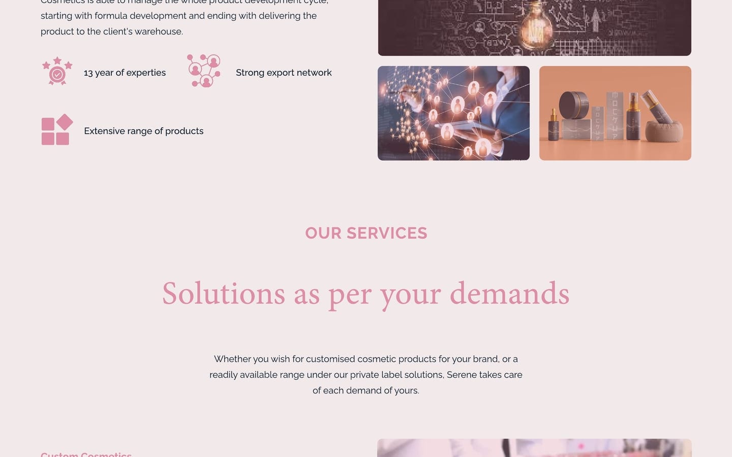Serene Rose ecommerce website home page services section with three rounded images, a pink serif heading and a short introduction.