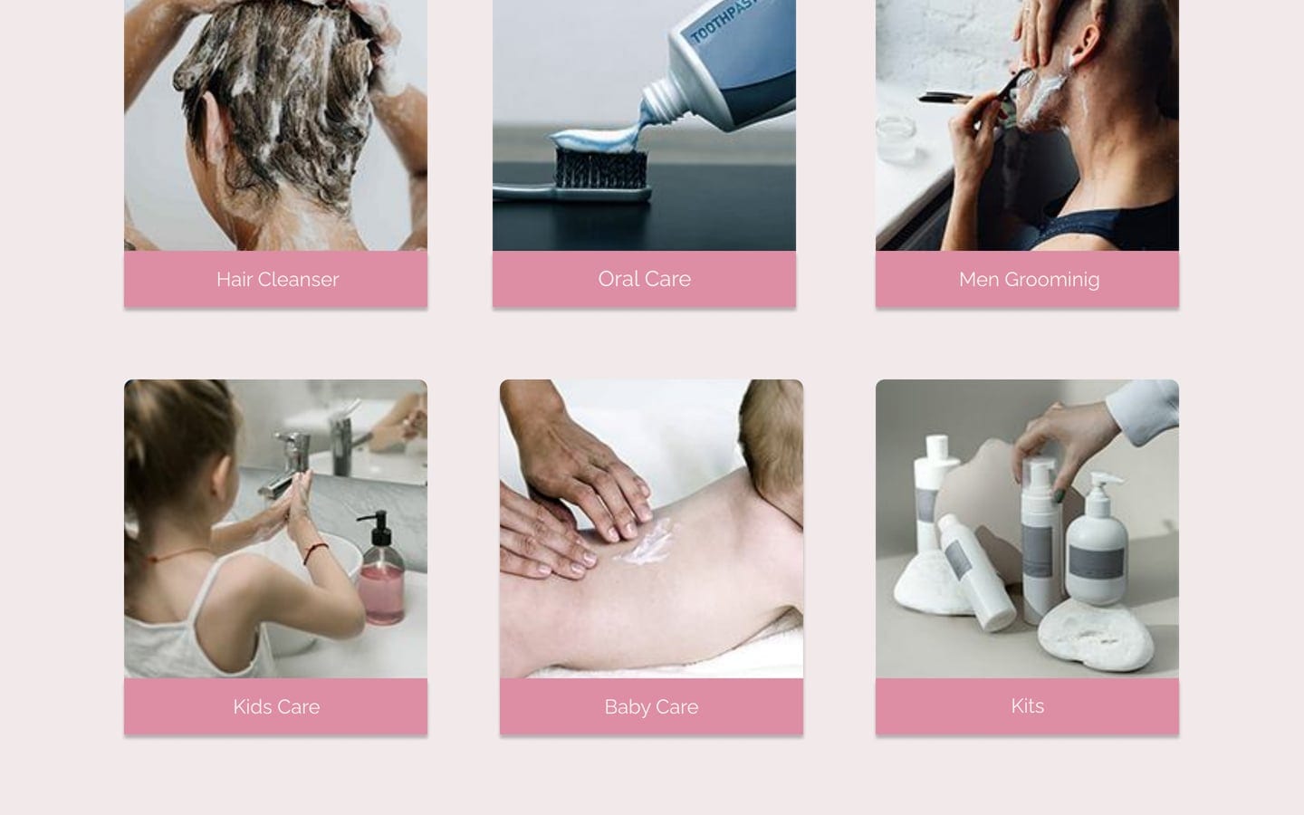 Serene Rose ecommerce website category photo cards for hair, oral care, grooming, kids care, baby care and kits with rose labels.