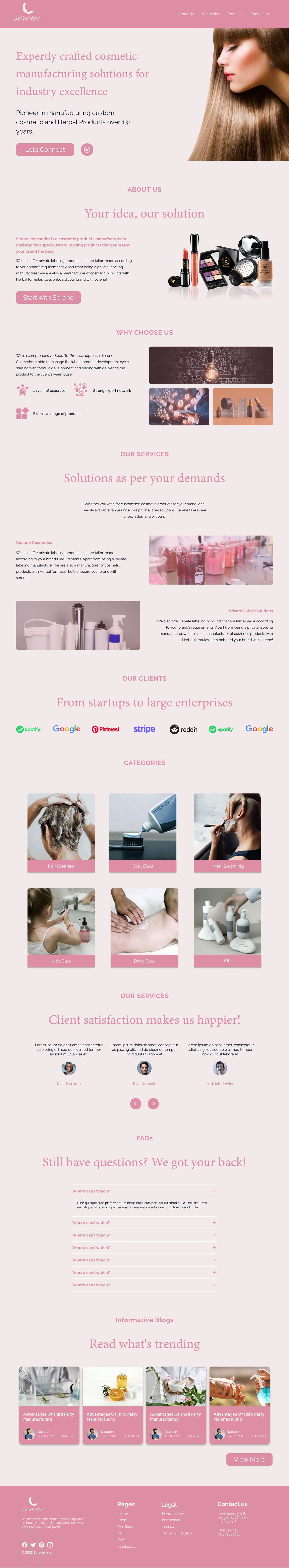 Full-length Serene Rose skincare website home page design with a rose header bar, a hair portrait hero, a makeup about section, imagery, services, category photo cards and testimonials.