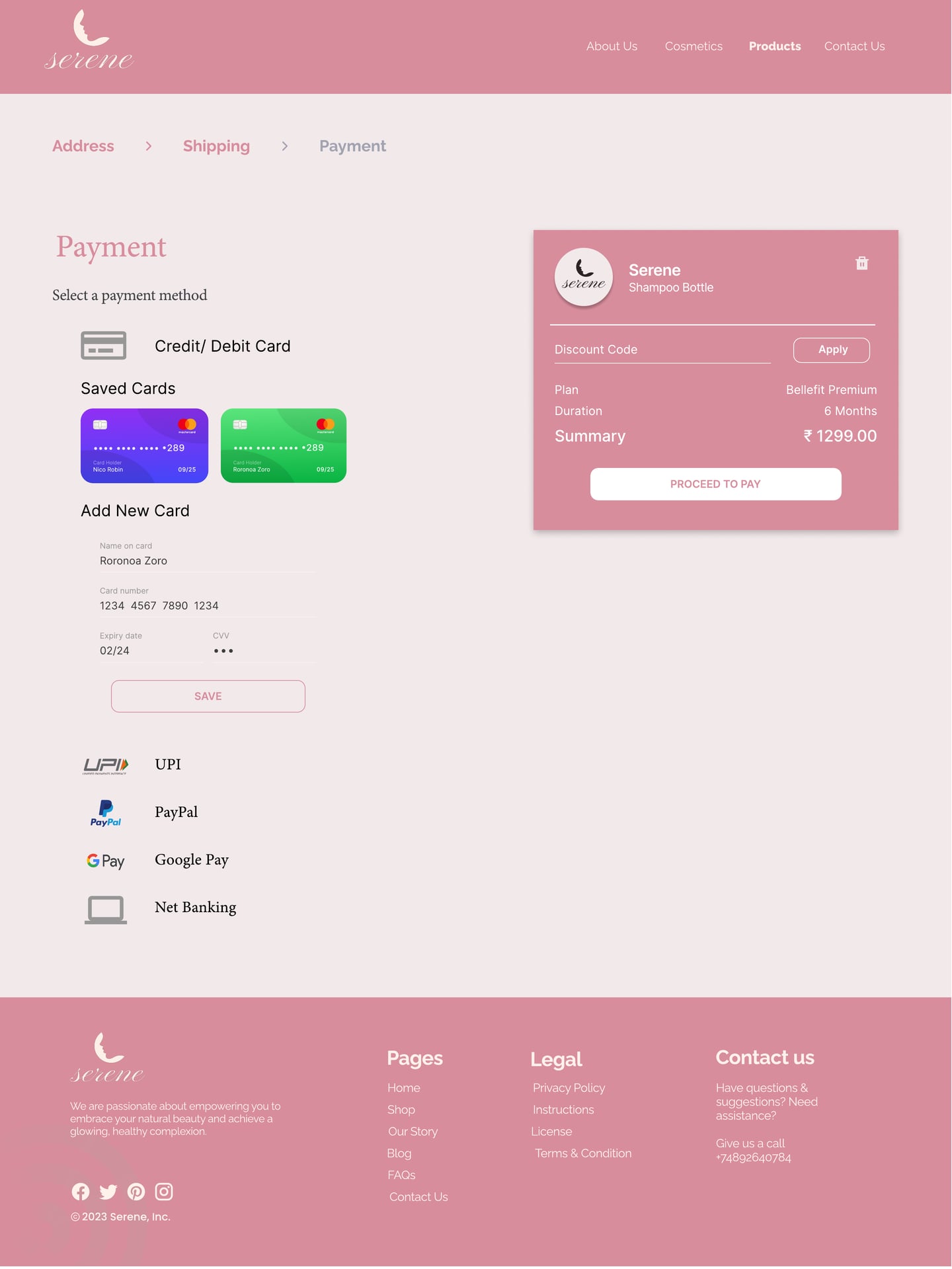 Full-length Serene Rose skincare website payment page design with card payment choices and saved cards beside a rose order summary card.