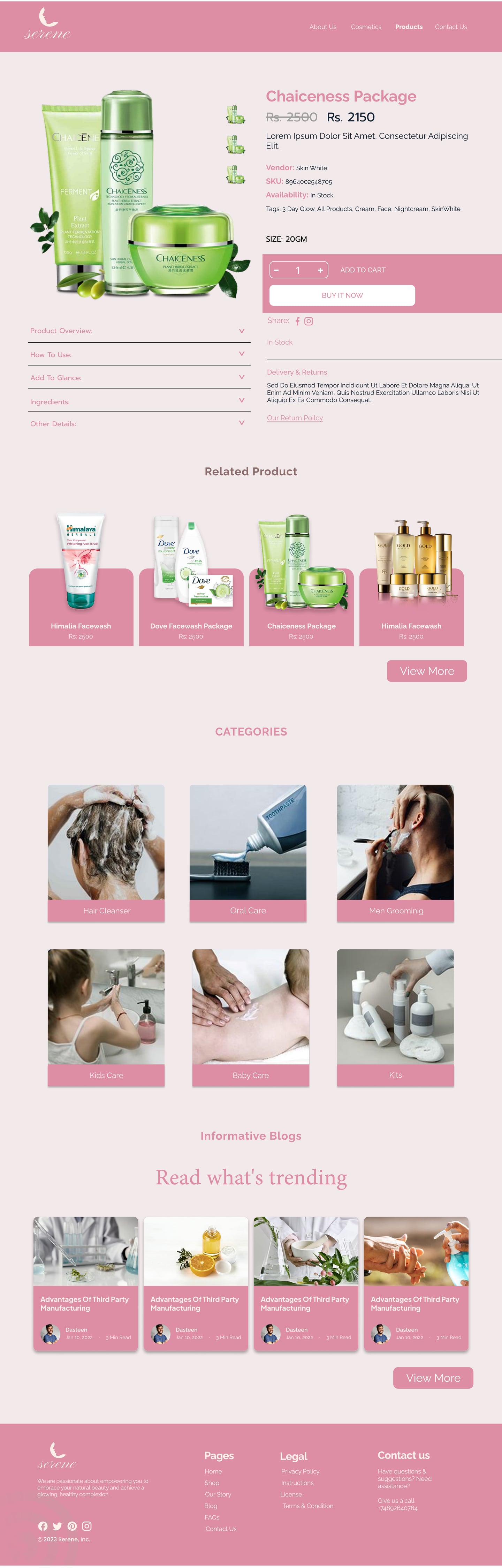 Full-length Serene Rose skincare website product page design with a product photograph, thumbnails, size and quantity controls, an add to cart bar and a related products row.