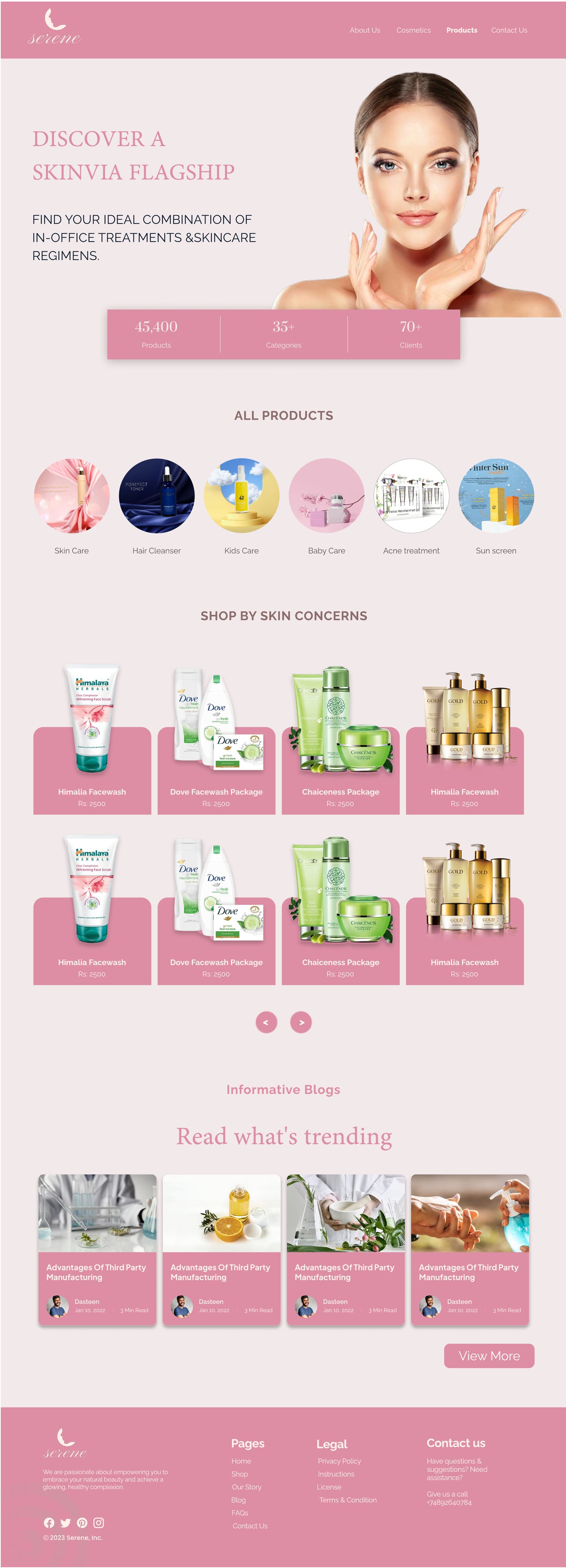 Full-length Serene Rose skincare website skincare shop page design with a flagship hero, concern icons, product cards on rose tiles and a blog band.