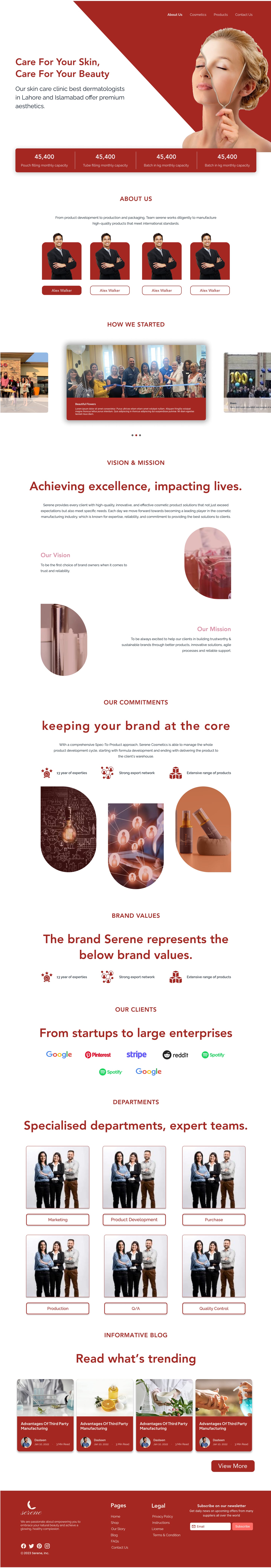 Full-length Serene Scarlet skincare website about page design with a diagonal red hero, a dermatologist portrait, team, vision and mission, brand values and a departments grid.