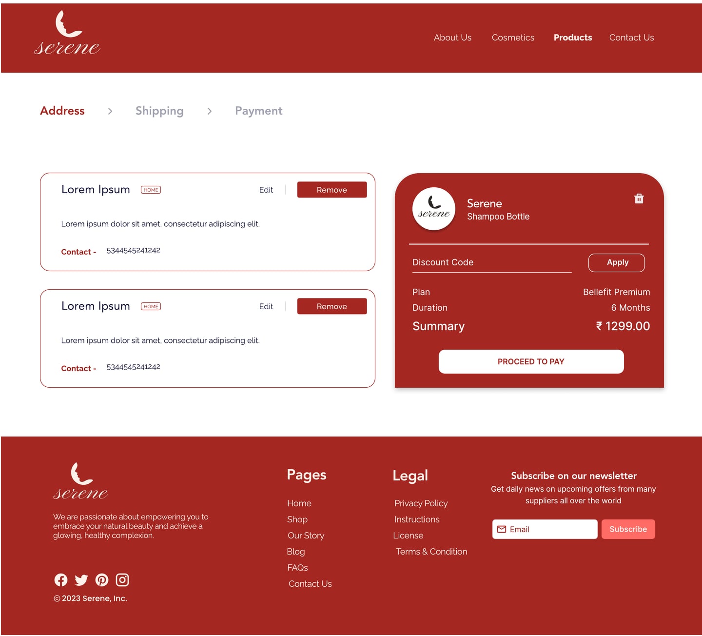 Full-length Serene Scarlet skincare website address page design with outlined address cards and a rounded red order summary card.