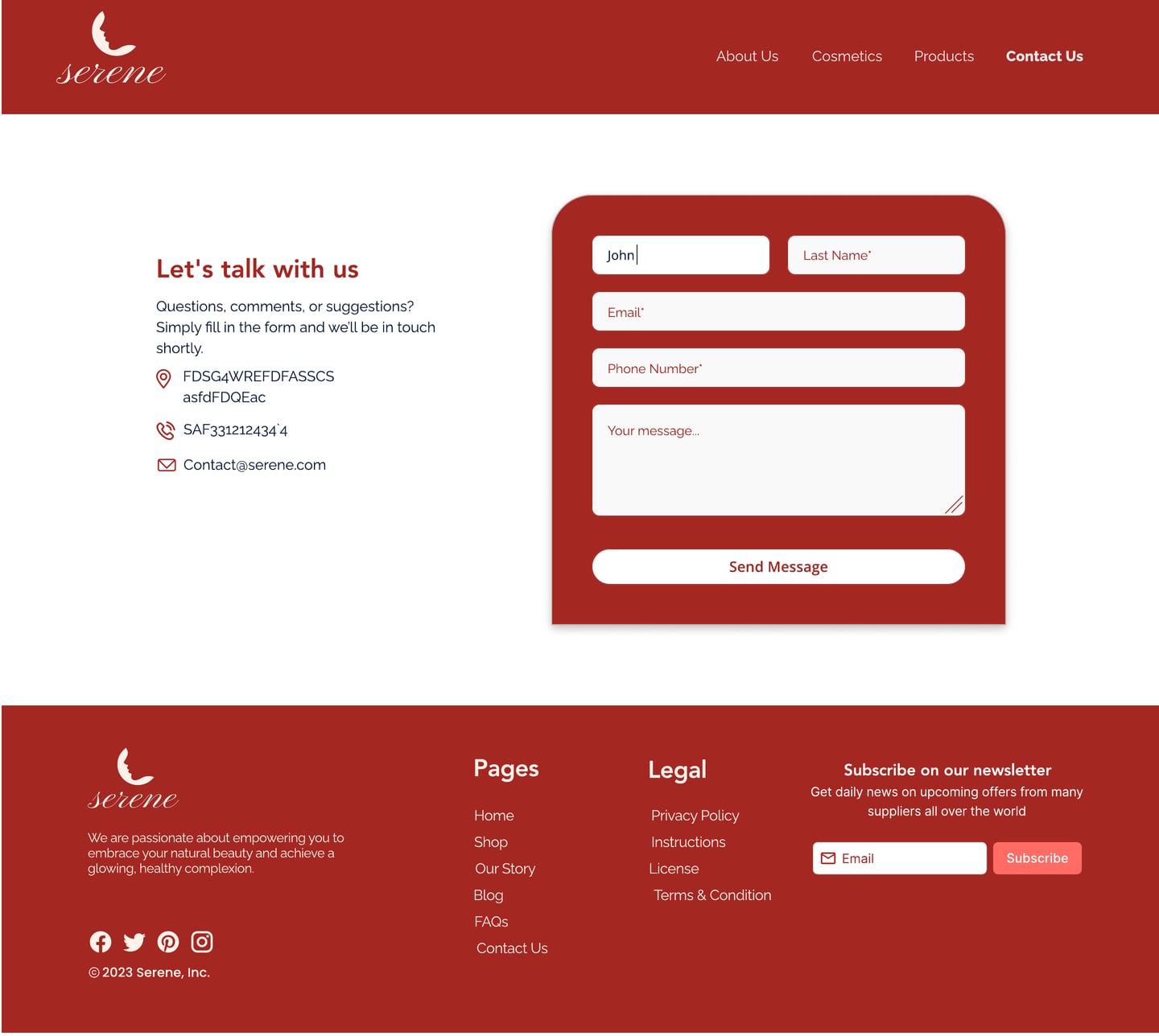 Full-length Serene Scarlet skincare website contact page design with a contact form inside a rounded red panel.
