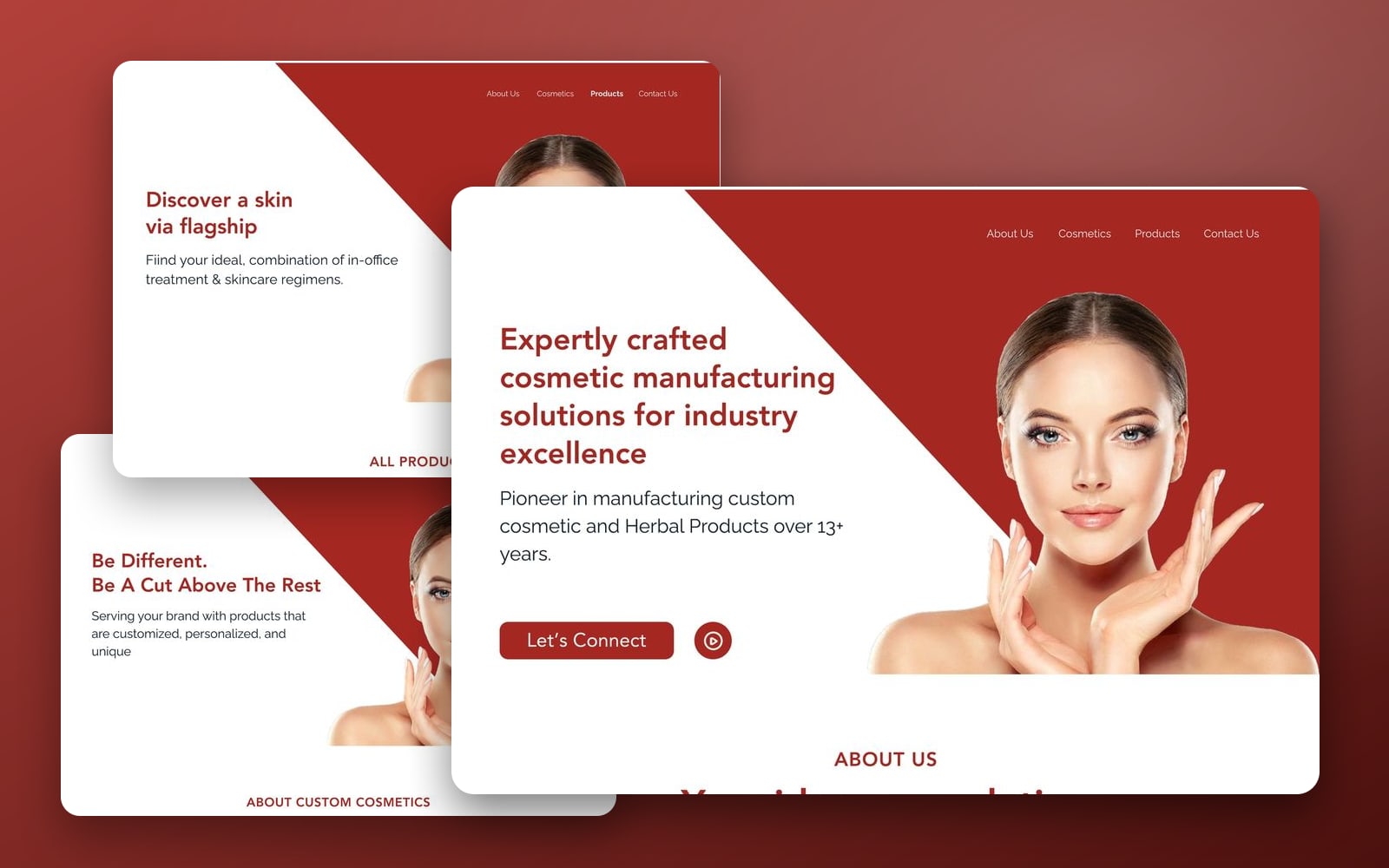 Serene Scarlet cosmetics website showcase: the home page with a diagonal red hero large in front of the skincare shop and custom cosmetics pages on a red gradient.