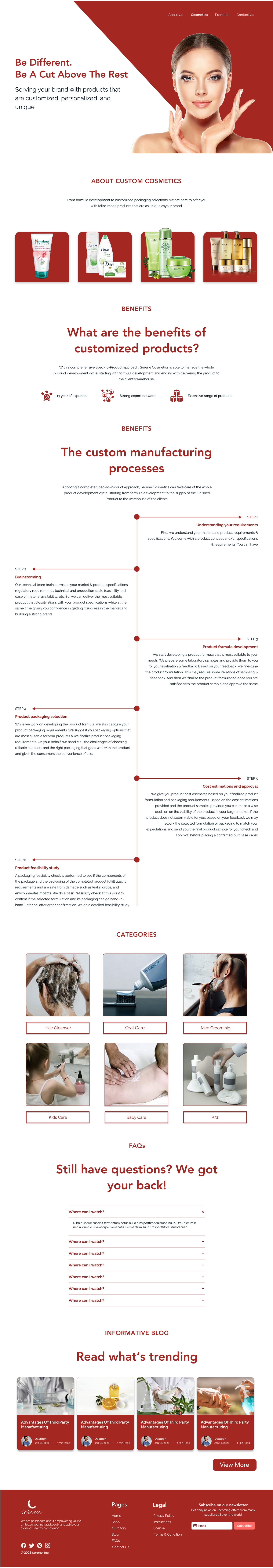 Full-length Serene Scarlet skincare website custom cosmetics page design with a diagonal red hero, a benefits section and a custom manufacturing process timeline with red arrows.