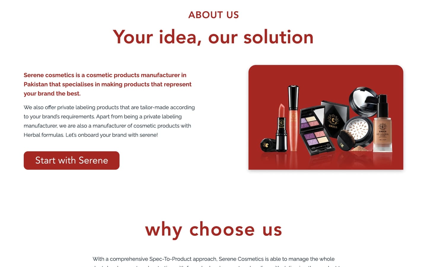 Serene Scarlet cosmetics website home page about section with a heading, a red button and a red card holding makeup products.