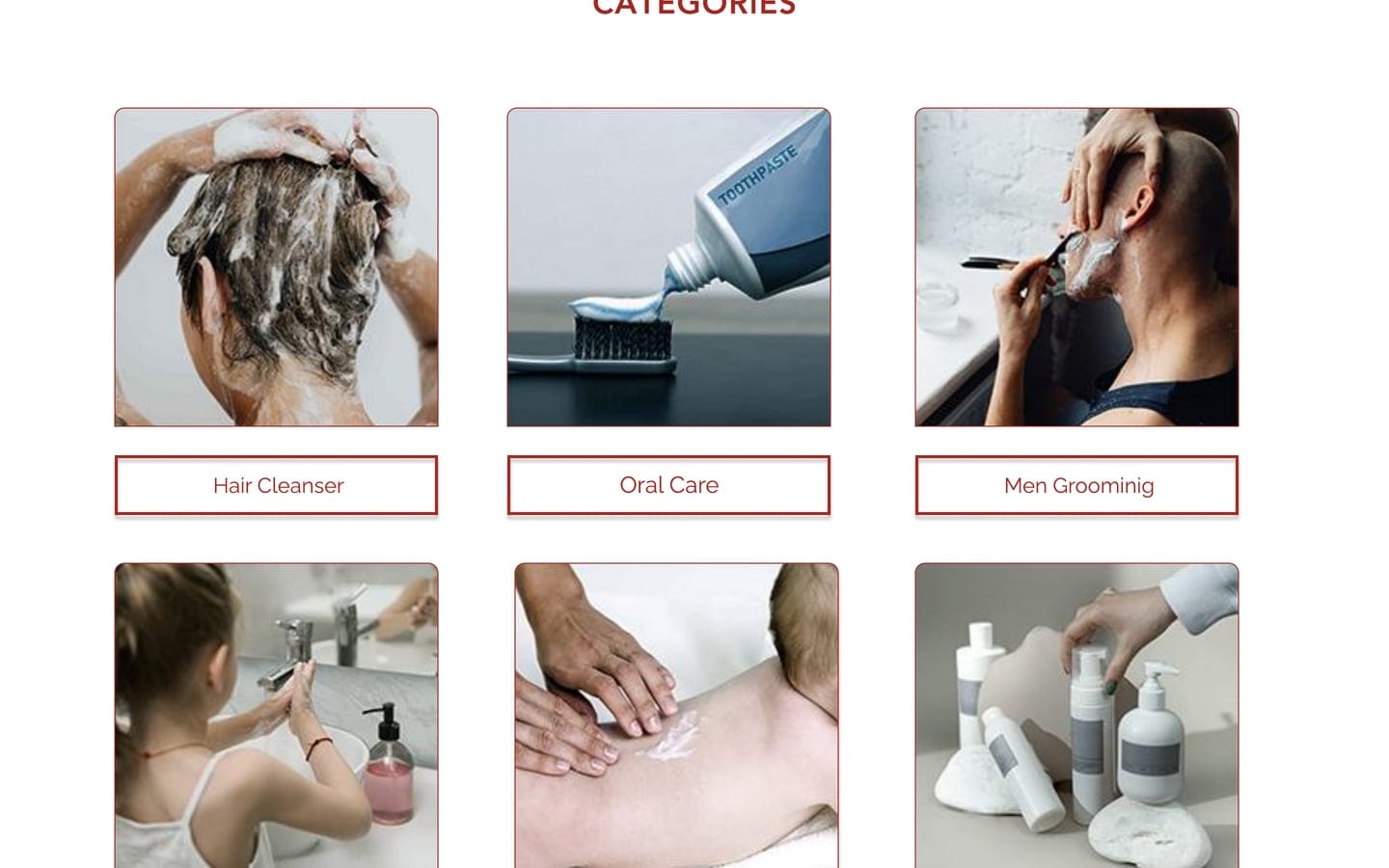 Serene Scarlet cosmetics website category photo cards for hair, oral care, grooming, kids care, baby care and kits with red outlined labels.