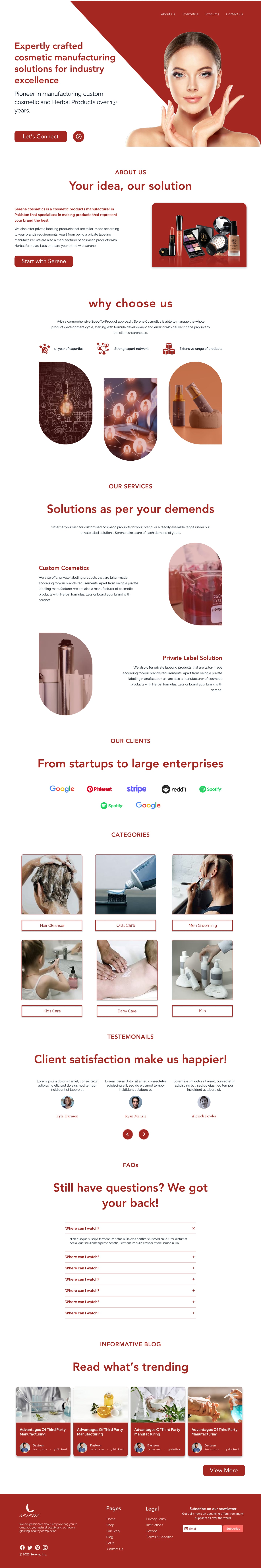 Full-length Serene Scarlet skincare website home page design with a diagonal red hero and portrait, a cosmetics about section, arch-shaped images, services, category photo cards and a blog band.