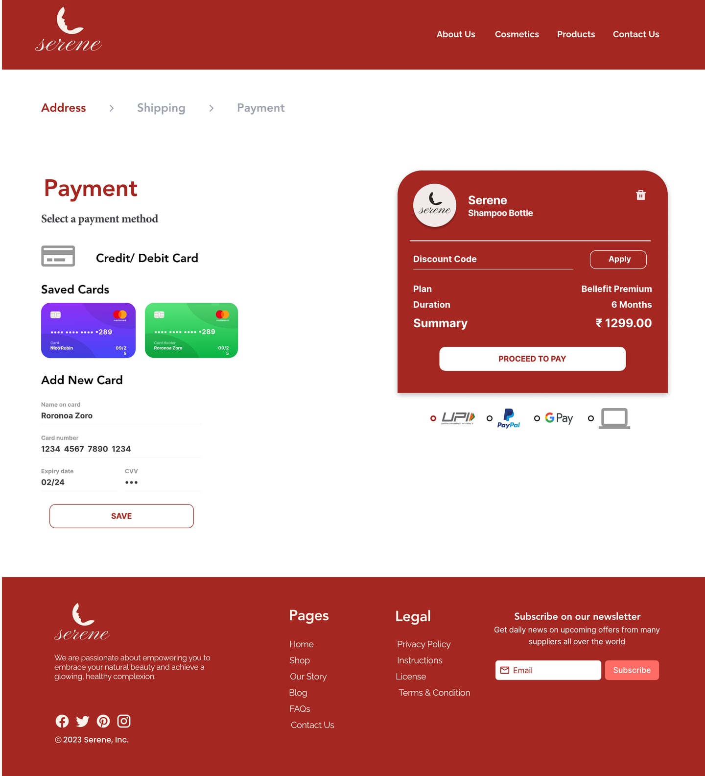 Full-length Serene Scarlet skincare website payment page design with card and wallet payment choices beside a red order summary card.