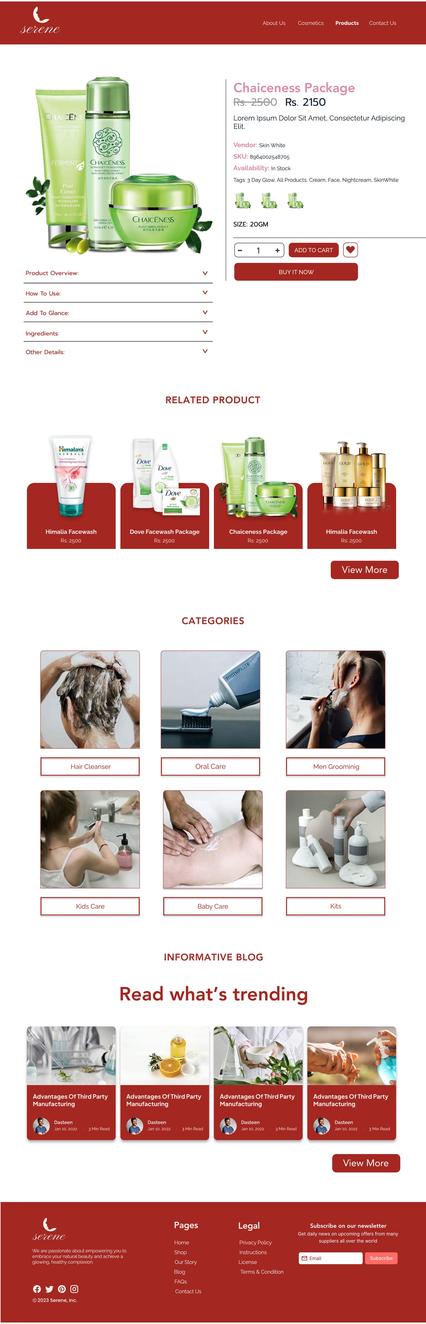 Full-length Serene Scarlet skincare website product page design with a red header, a product photograph, size and quantity controls, add to cart and a related products row.