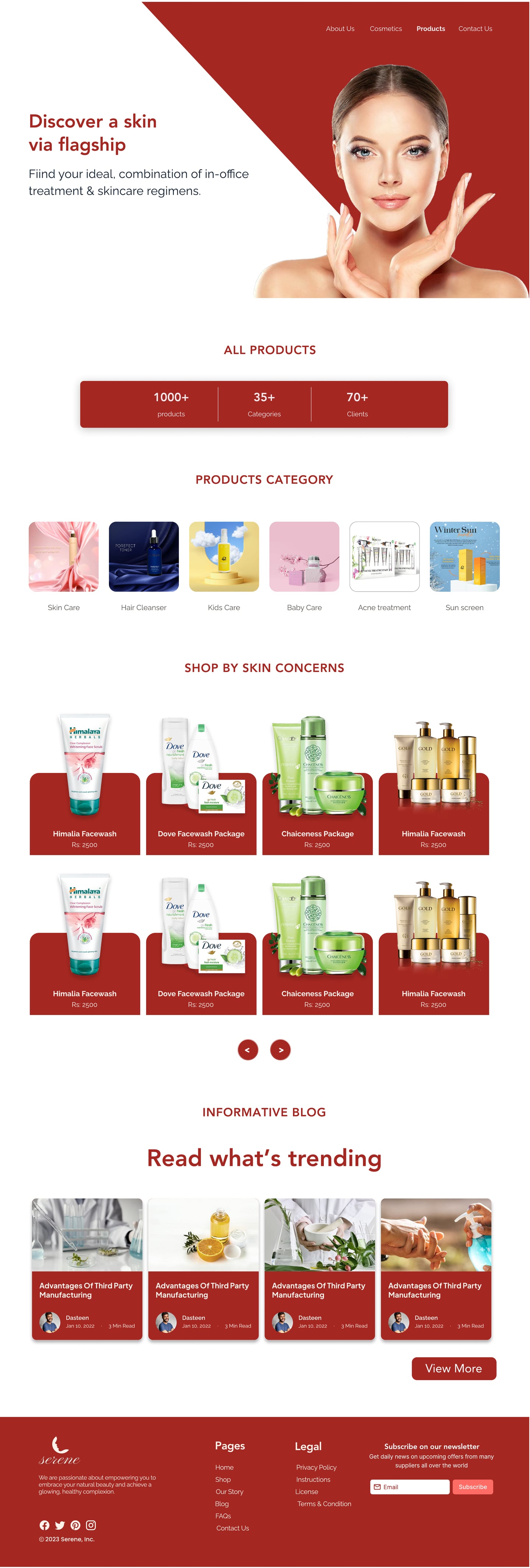 Full-length Serene Scarlet skincare website skincare shop page design with a diagonal red hero, concern icons, product cards on red tiles and a blog band.