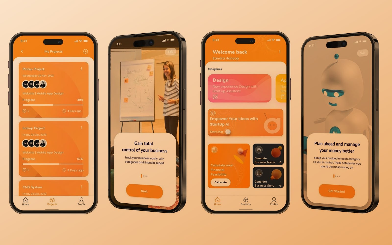 Startup Assistant Copper mobile app mockups: four phones showing the projects list, onboarding photo slide, home categories and a robot onboarding slide, on a warm copper gradient.